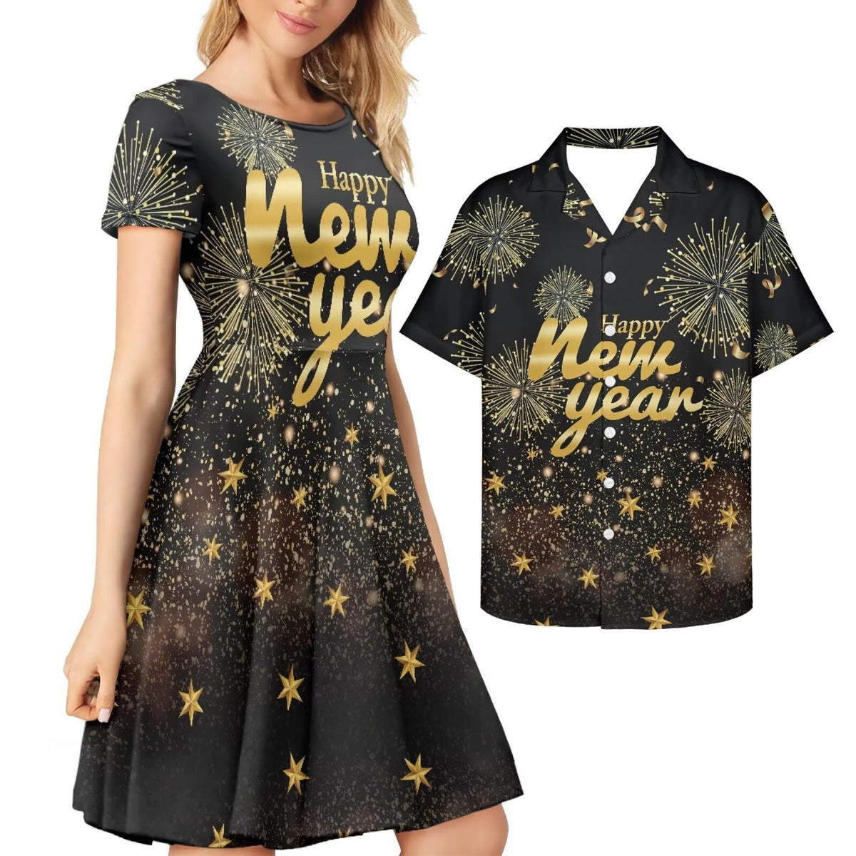 AmzPrint Couple Christmas Shirt and Dress Womens Elegant Short Sleeve Round Neck Cocktail Party Green Xmas Swing Dress