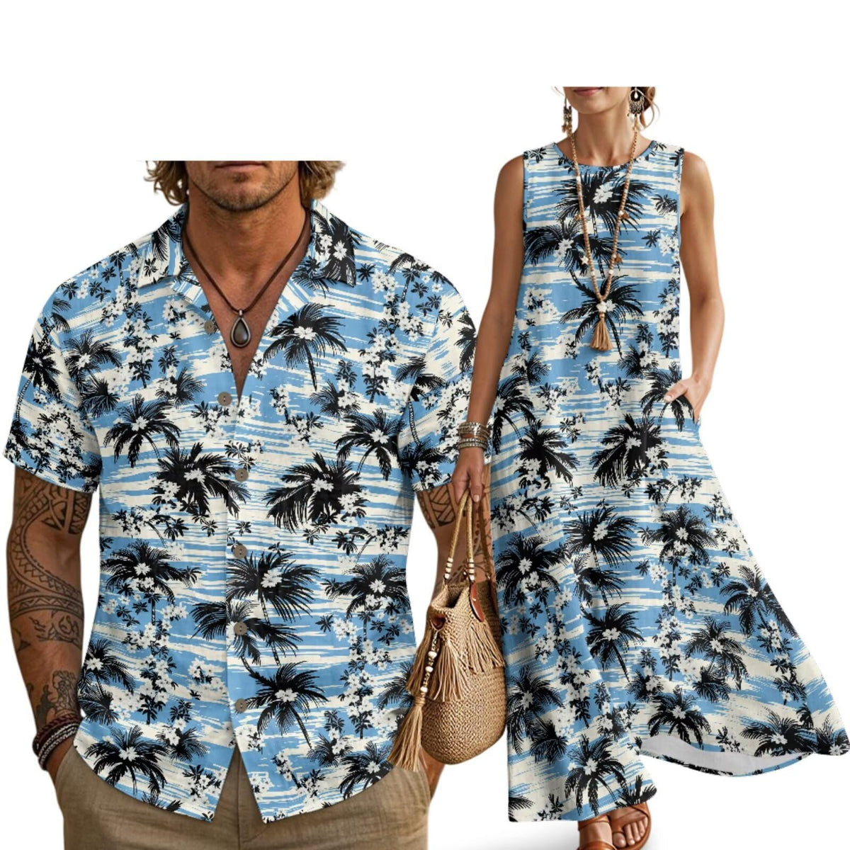 Husband and Wife Clothes Linen Casual Shirt for Men Maxi Dress for Women Summer Dress Matching Vacation Clothes