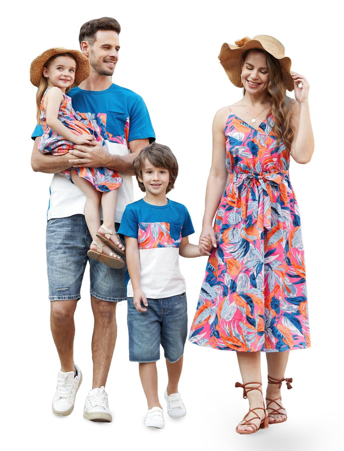 PATPAT Family Matching Outfits Mommy and Me Dresses Hawaiian Tropical Vacation Beach Spaghetti Strap Dress and Shirt