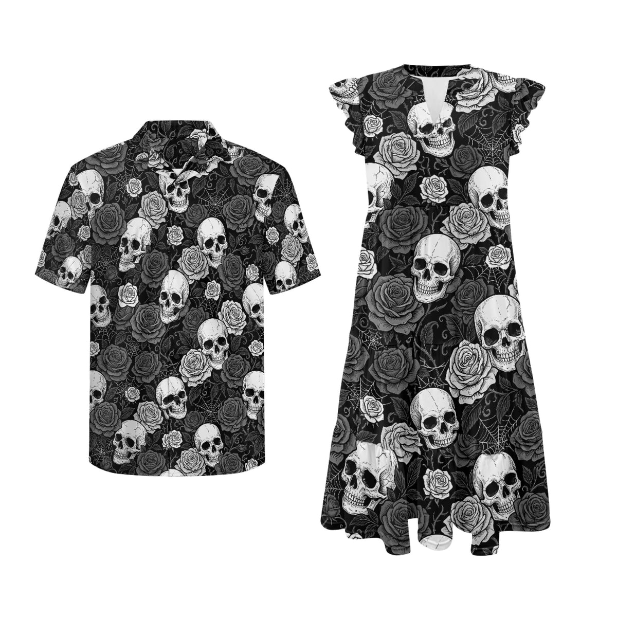His and Hers Matching Hawaiian Outfits Mens Button Down Shirt Flowy Tiered Midi Dress