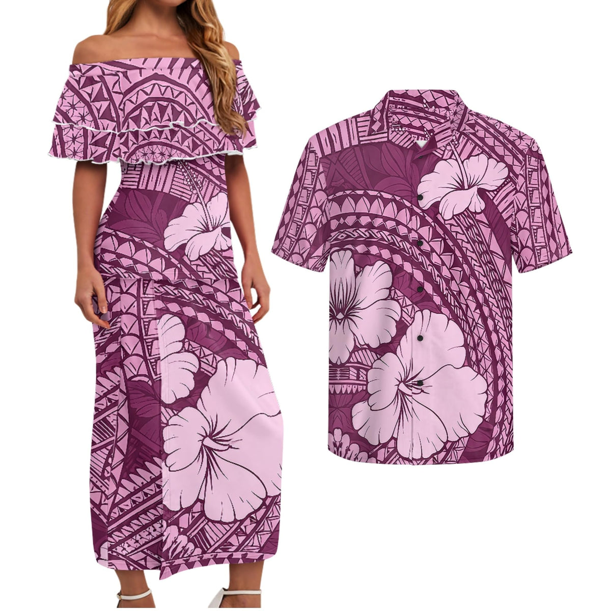 Polynesian Couples Matching Outfits Short Sleeve Puletsai Samoan Traditional Dress & Man Shirts