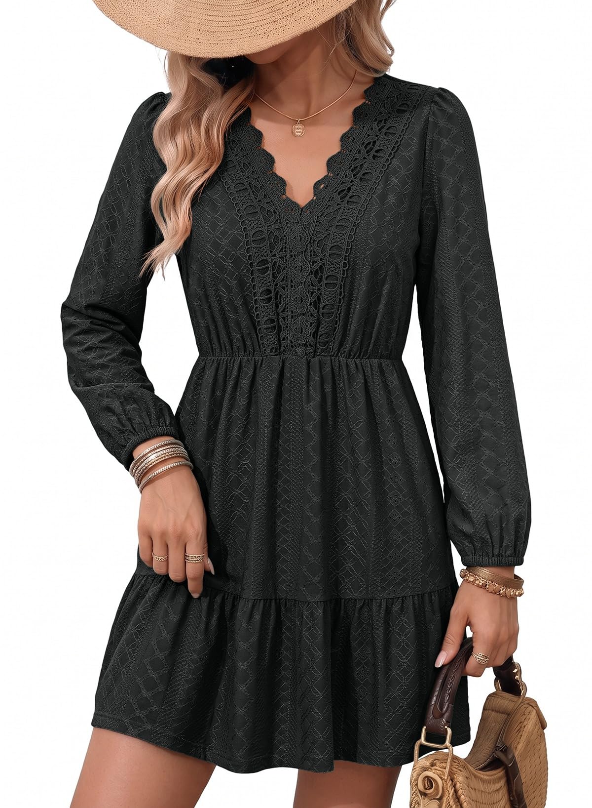 Dokotoo Womens Dresses Lace Hollow Out Embroidered V Neck Long Sleeve Dress
