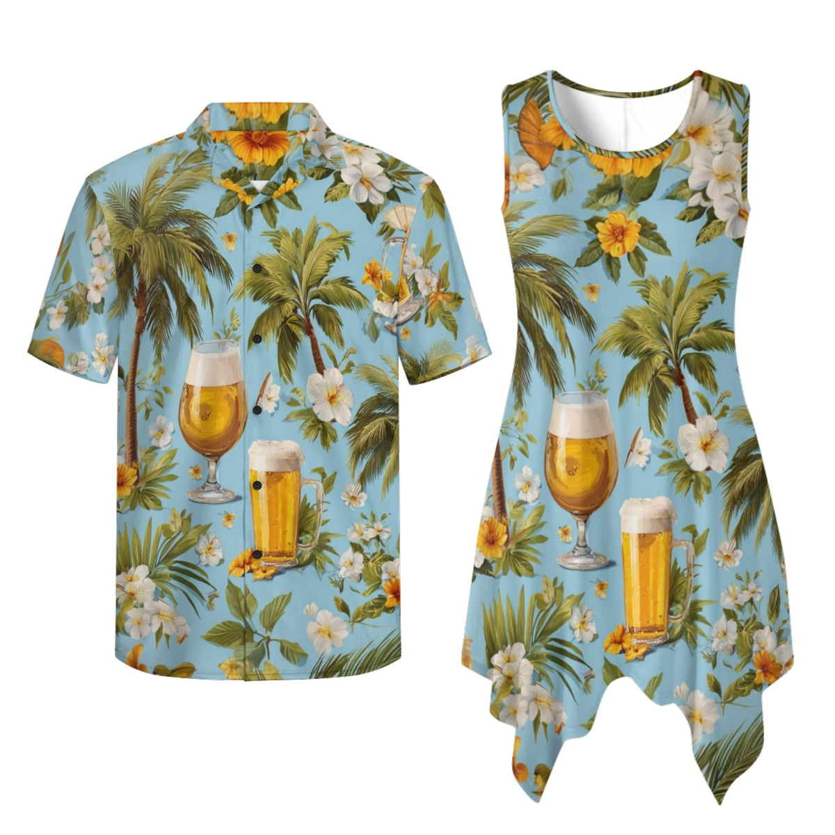TOADDITDO Couple Shirts and Dress Matching Outfit Womens Sleeveless Flared Mini Sundress or Mens Buttons Hawaiian Aloha Shirt