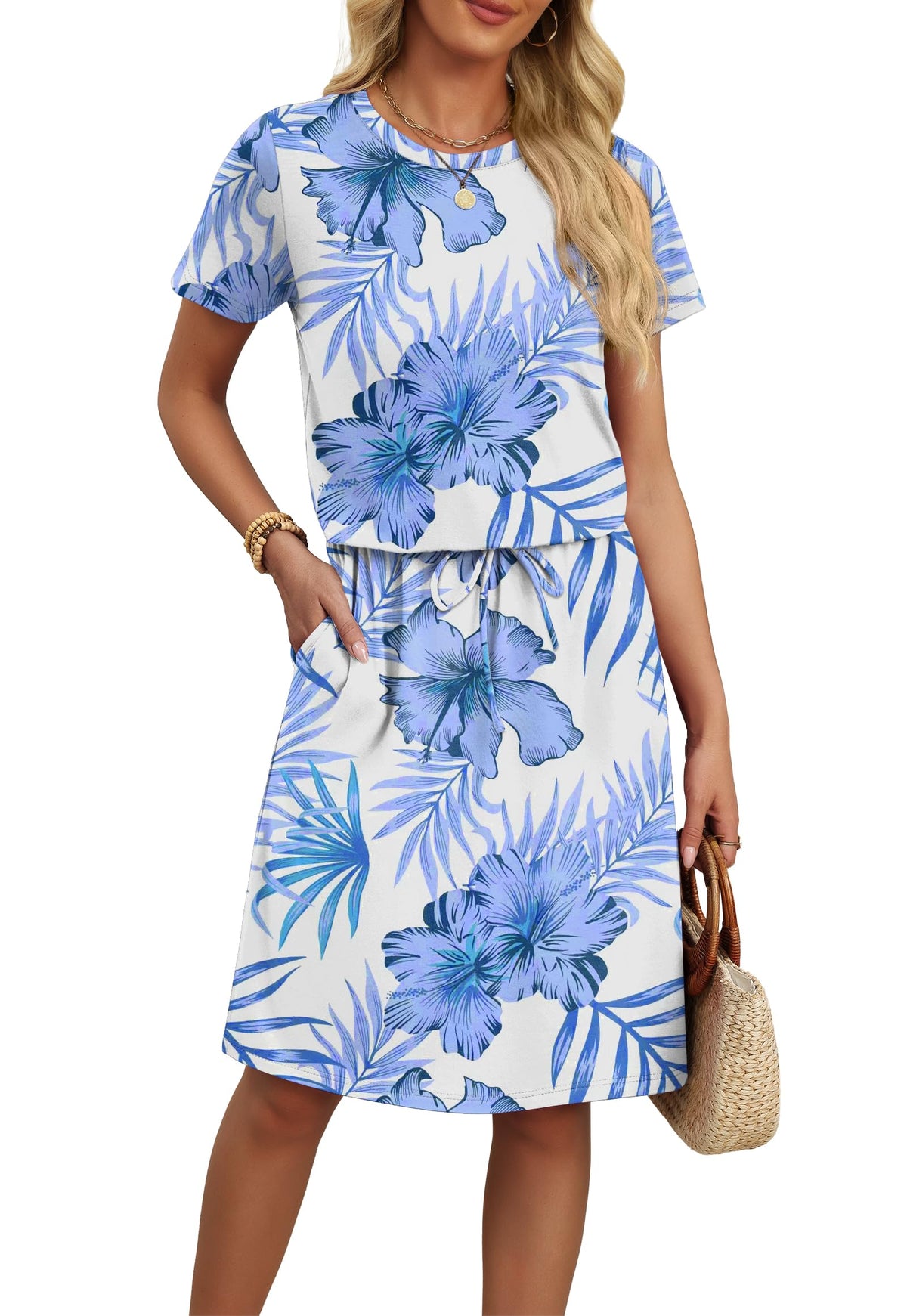 OFEEFAN Womens Summer Dresses Fashion Short Sleeve Crew Neck T Shirt Sundresses Casual Tie Waist with Pockets