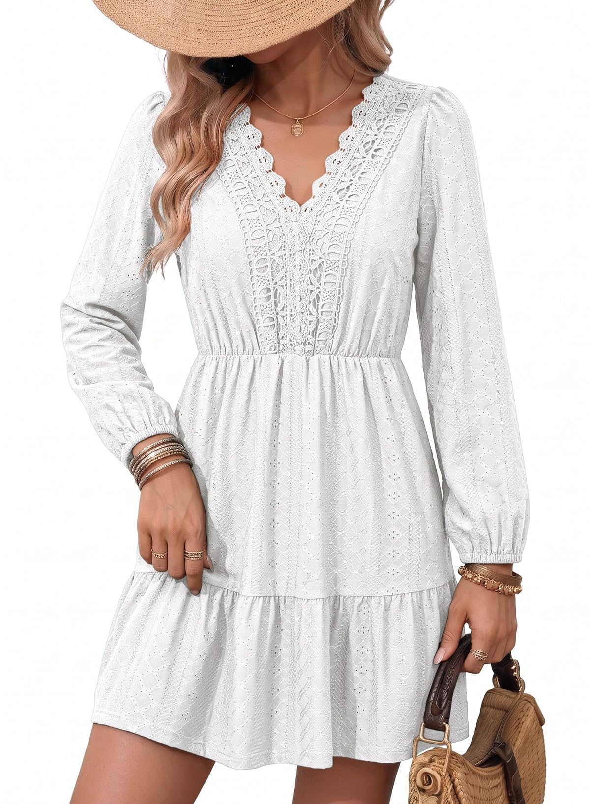 Dokotoo Womens Dresses Lace Hollow Out Embroidered V Neck Long Sleeve Dress