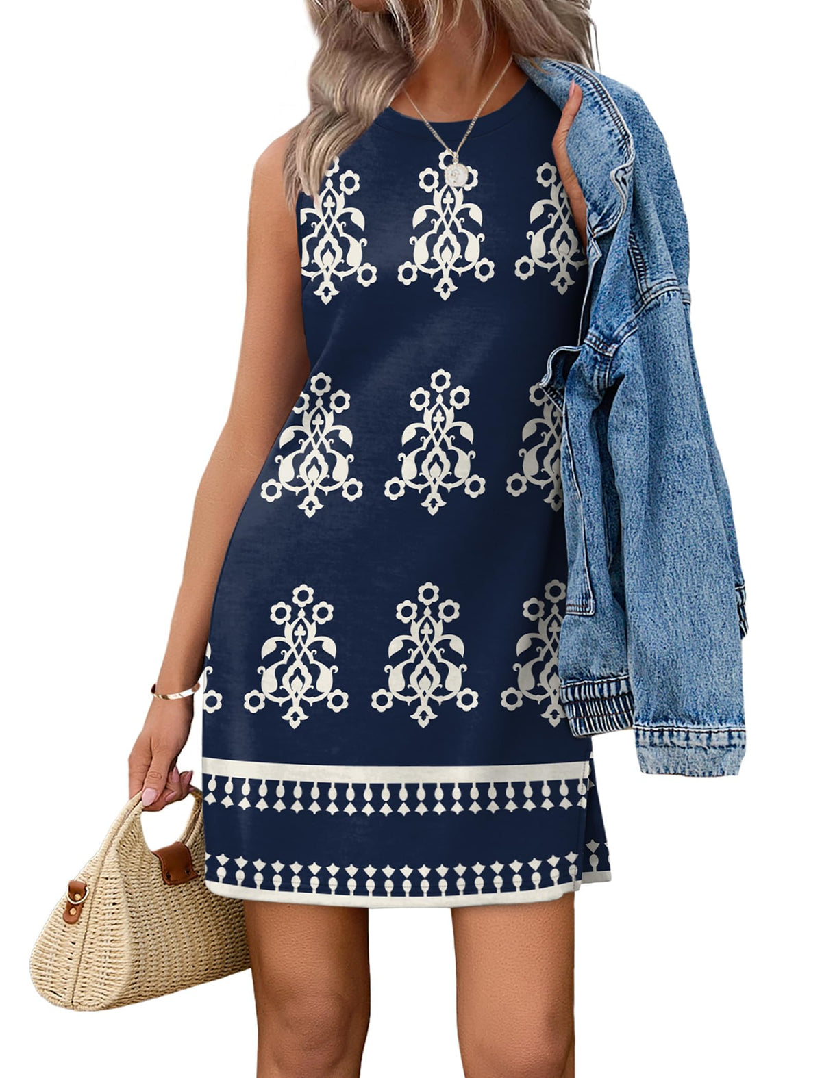 WIHOLL Casual Dresses for Women Crewneck Sleeveless Tank Dress Summer Spring Boho Vacation Clothes