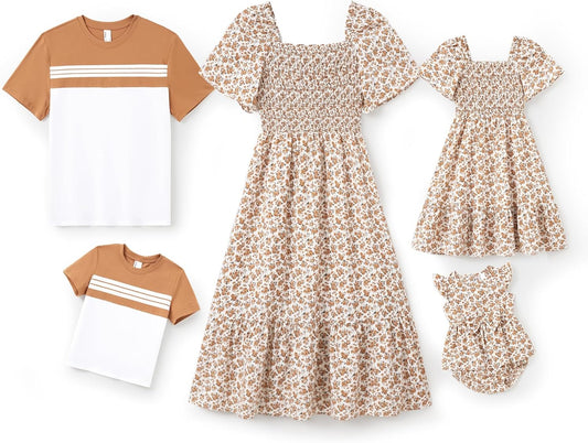 PATPAT Family Matching Outfits Mommy and Me Dresses Floral Dress & T-Shirts