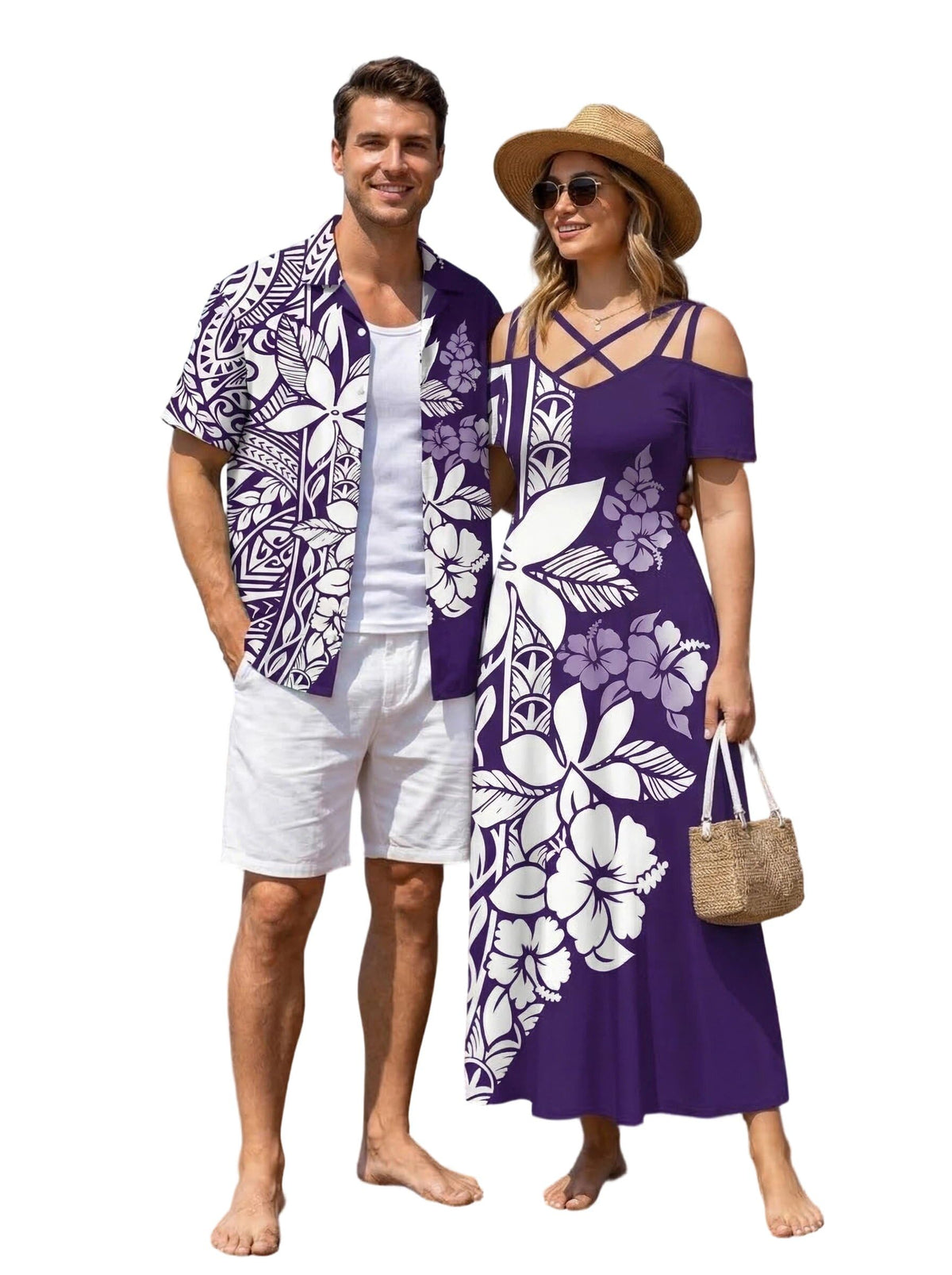 ROSE GAL Matchable Couples Hawaiian Men Shirt and Women Cold Shoulder Crisscorss Short Sleeves Midi Dress