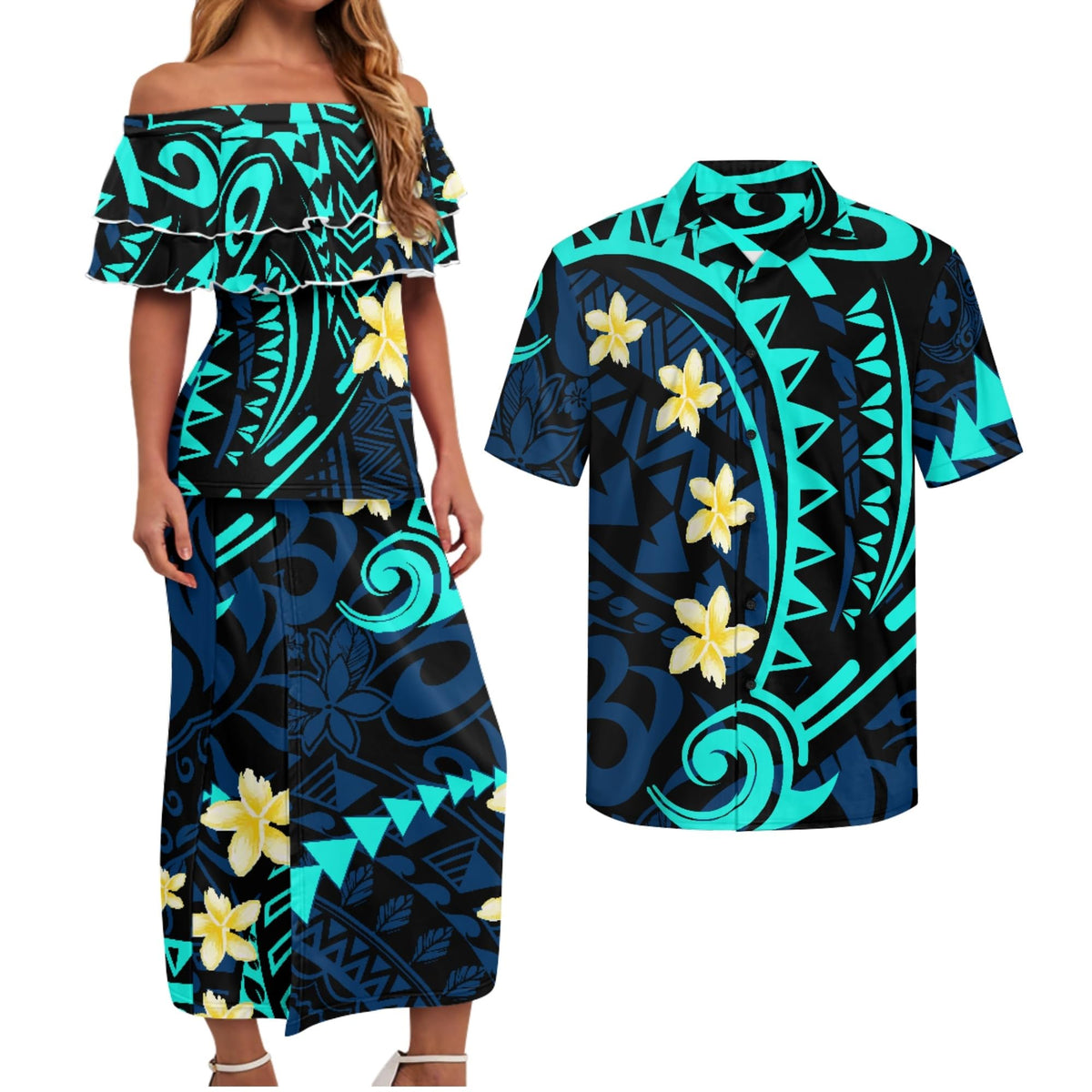 Polynesian Couples Matching Outfits Short Sleeve Puletsai Samoan Traditional Dress & Man Shirts