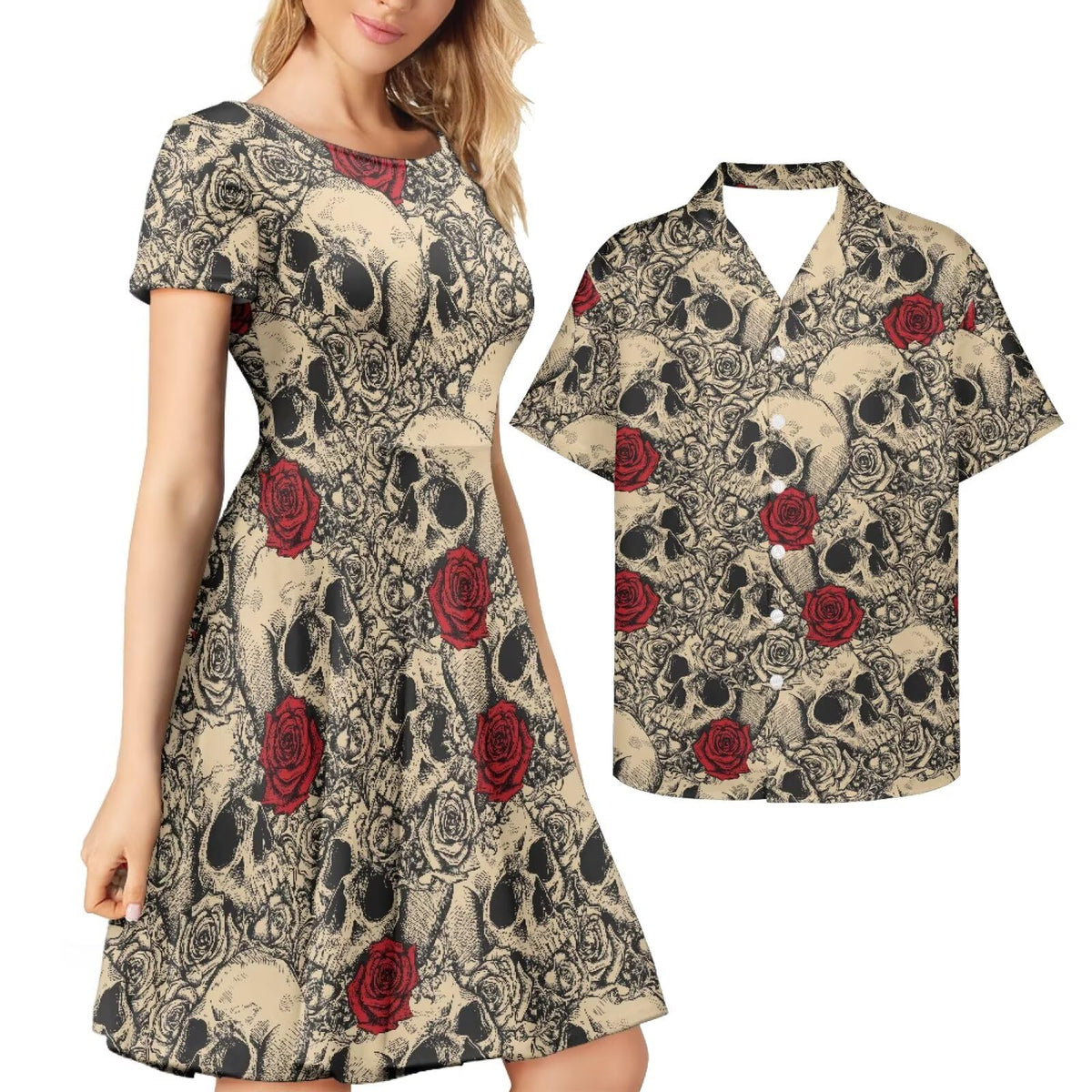 AmzPrint Couple Christmas Shirt and Dress Womens Elegant Short Sleeve Round Neck Cocktail Party Green Xmas Swing Dress