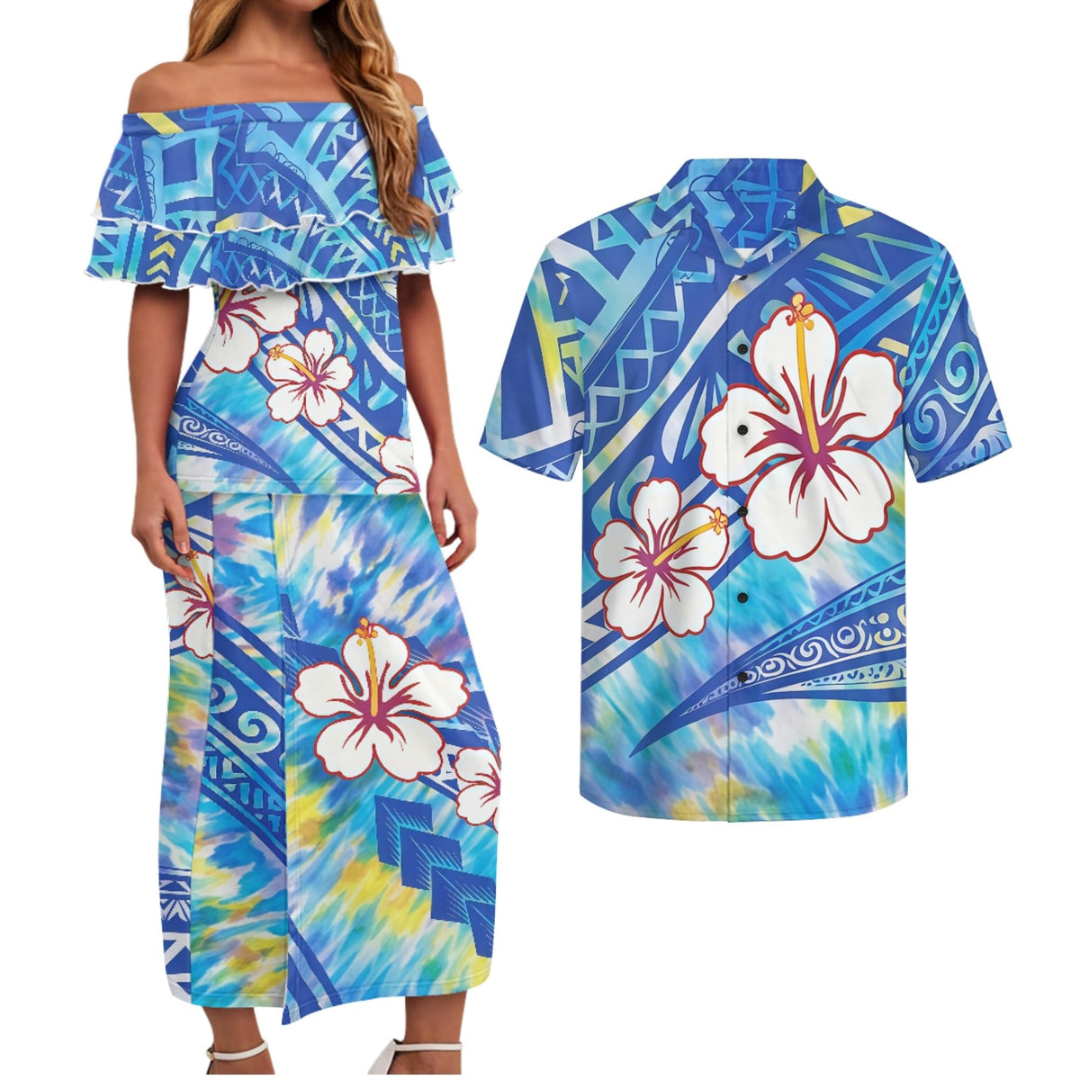 Polynesian Couples Matching Outfits Short Sleeve Puletsai Samoan Traditional Dress & Man Shirts
