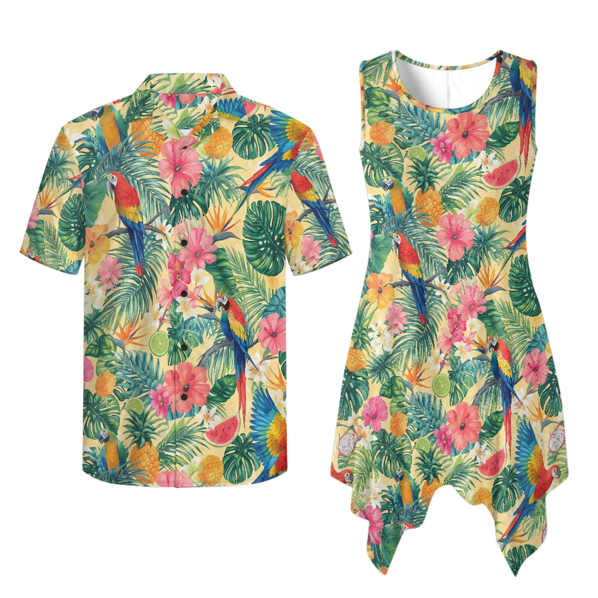 TOADDITDO Couple Shirts and Dress Matching Outfit Womens Sleeveless Flared Mini Sundress or Mens Buttons Hawaiian Aloha Shirt