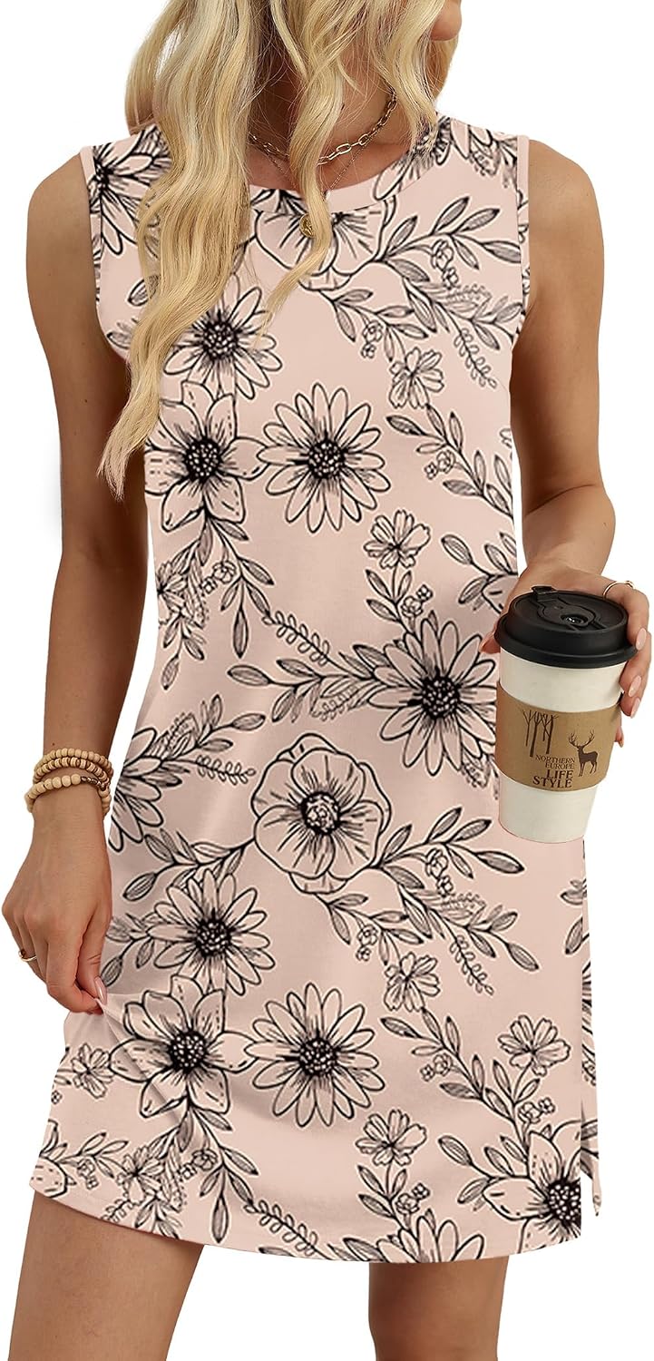 WIHOLL Casual Dresses for Women Crewneck Sleeveless Tank Dress Summer Spring Boho Vacation Clothes