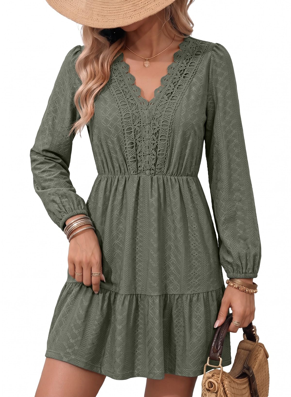 Dokotoo Womens Dresses Lace Hollow Out Embroidered V Neck Long Sleeve Dress