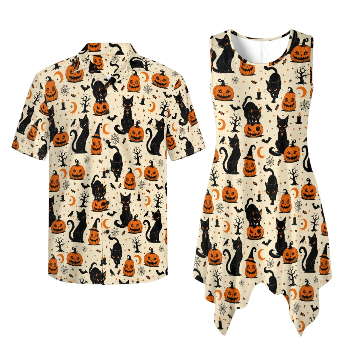 TOADDITDO Couple Shirts and Dress Matching Outfit Womens Sleeveless Flared Mini Sundress or Mens Buttons Hawaiian Aloha Shirt