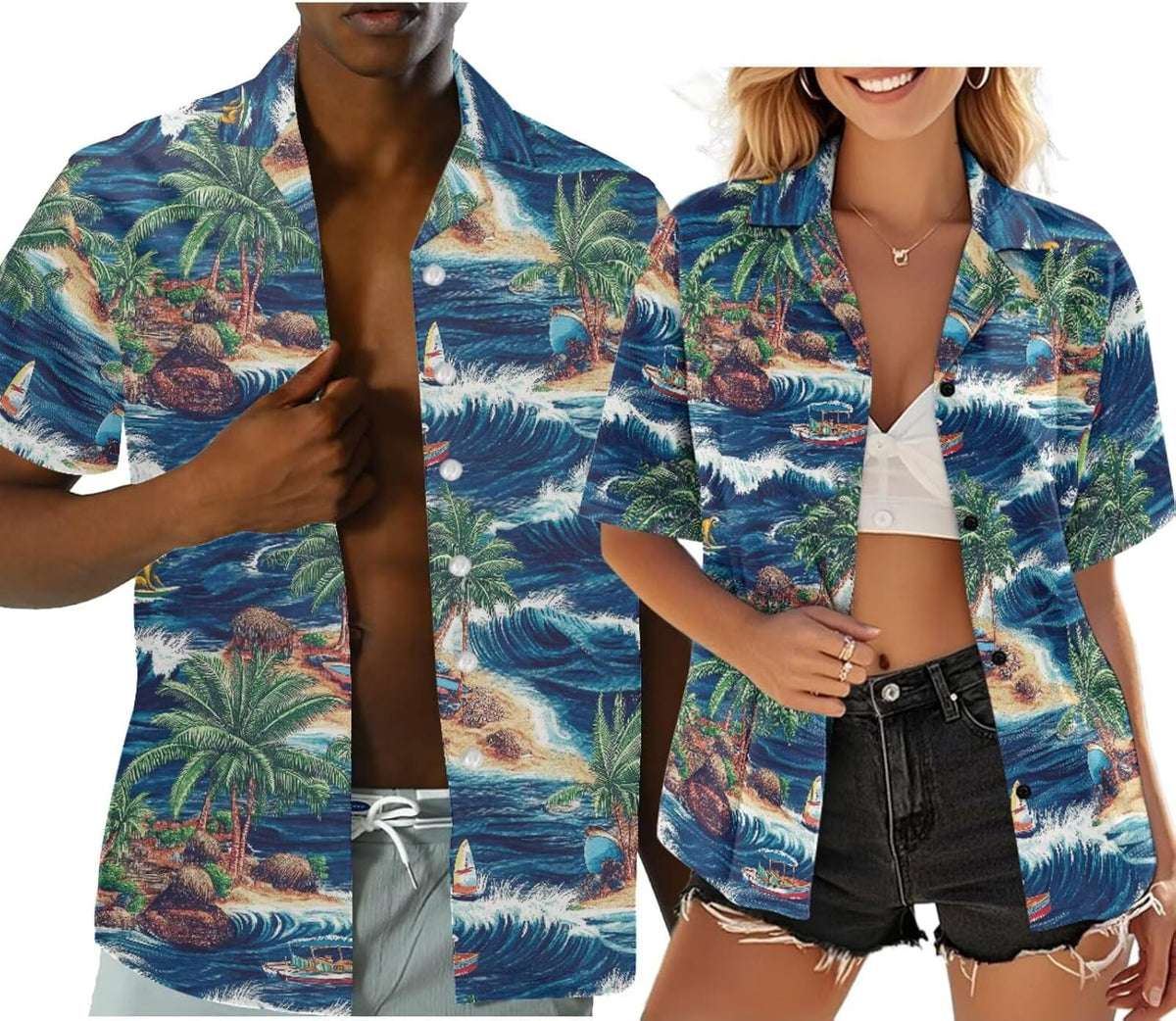Hawaiian Couples Matching Shirt for Men Women Hawaii Outfit for Husband and Wife Beach Vacation Button Down Shirt
