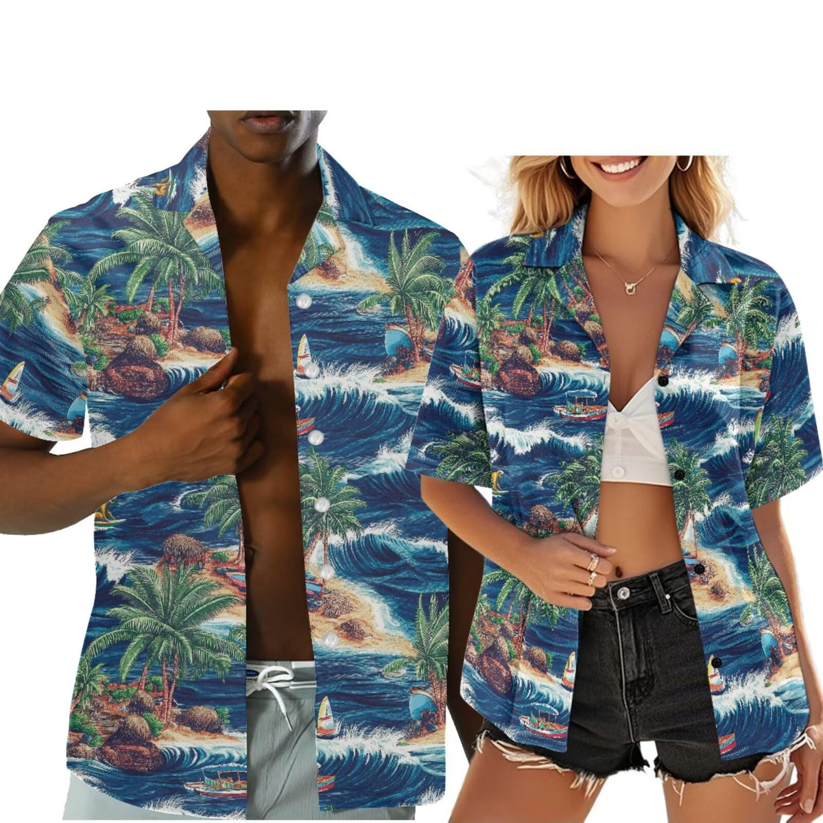 Hawaiian Couples Matching Shirt for Men Women Hawaii Outfit for Husband and Wife Beach Vacation Button Down Shirt