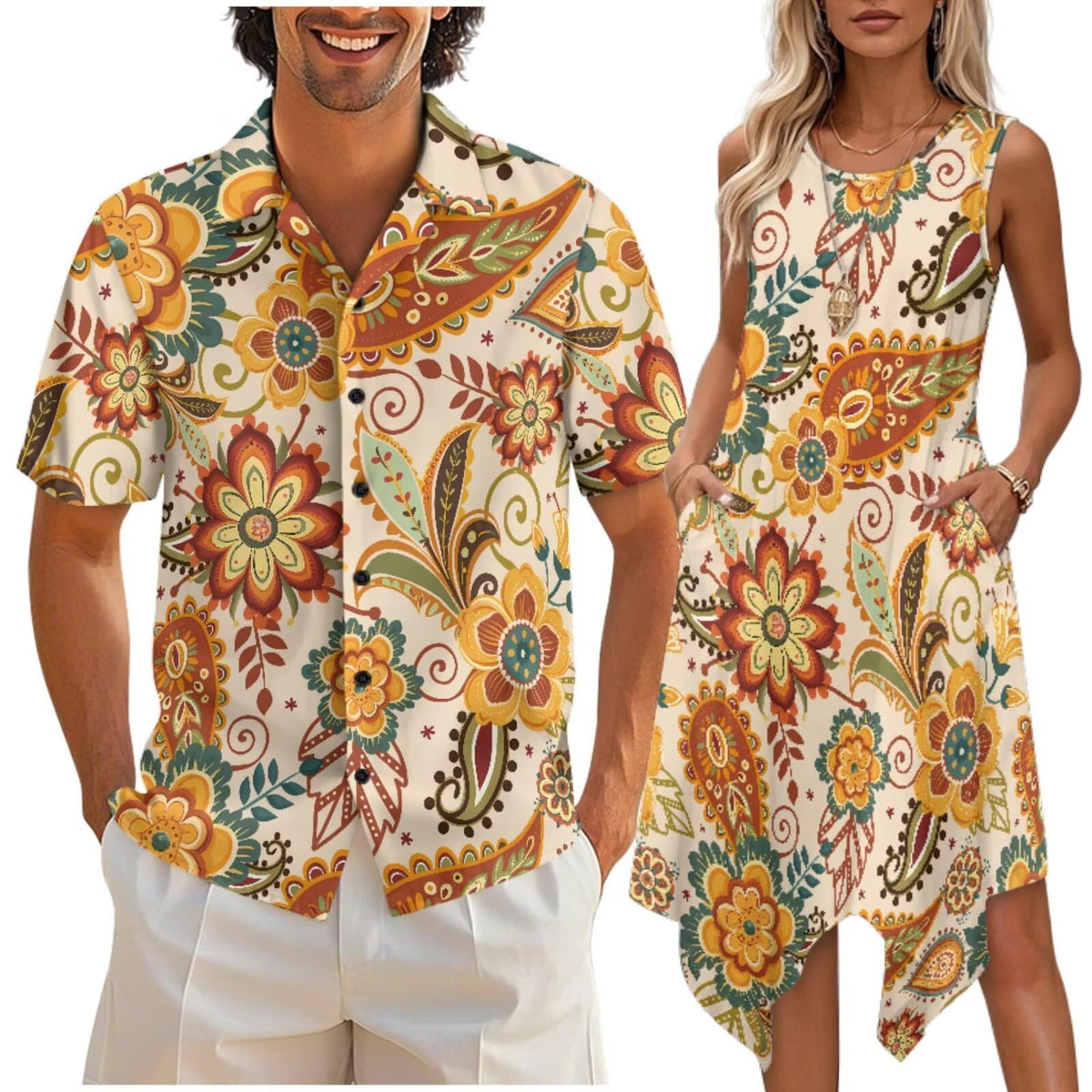 doginthehole Matching Hawaiian Outfits for Couples Men's Button Down Shirt Sleeveless Sundresses Summer Dress for Women