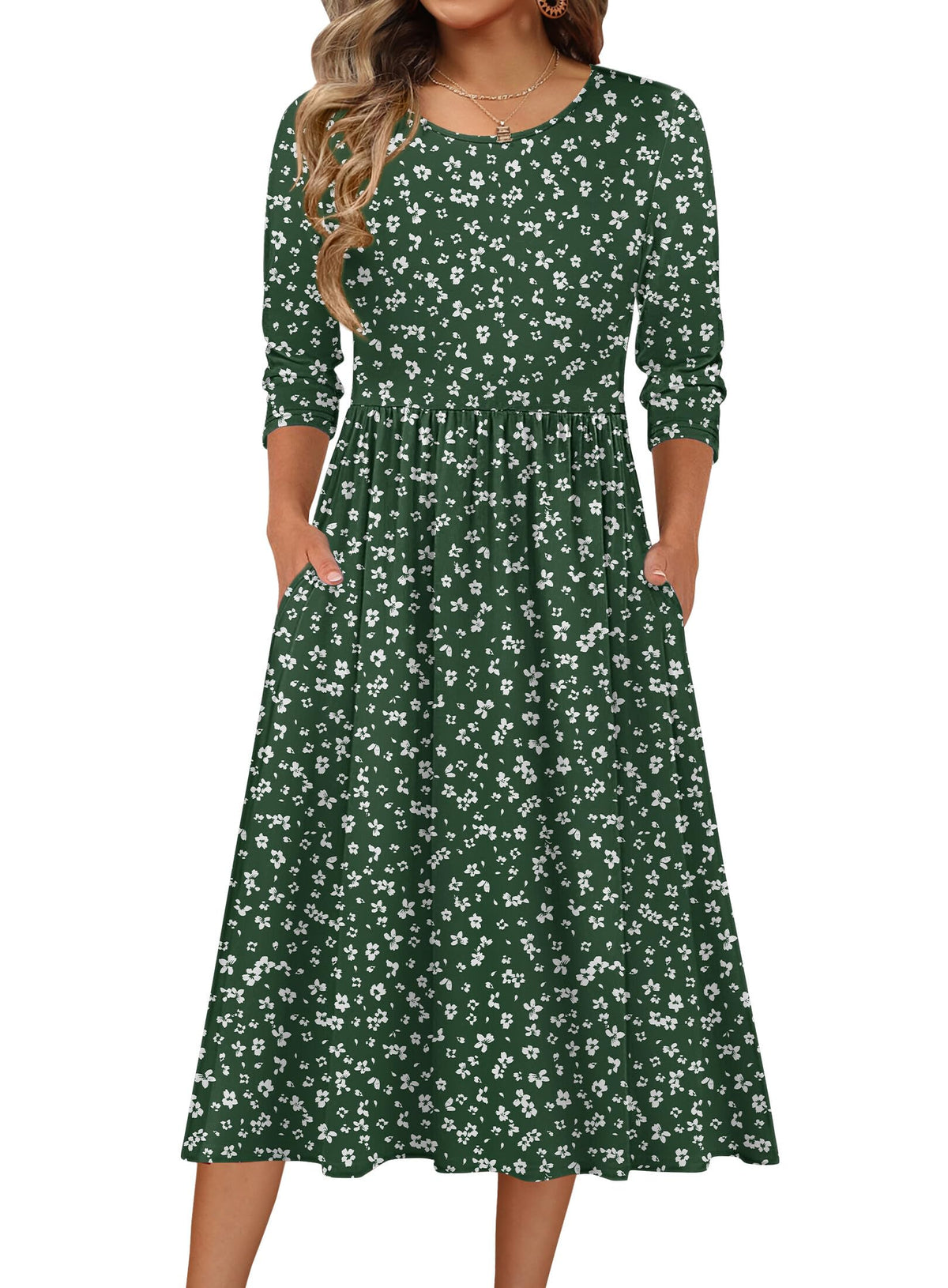 Zeagoo 3/4 Sleeve Women's Dress Casual Aline Summer Fall Midi Long Dresses