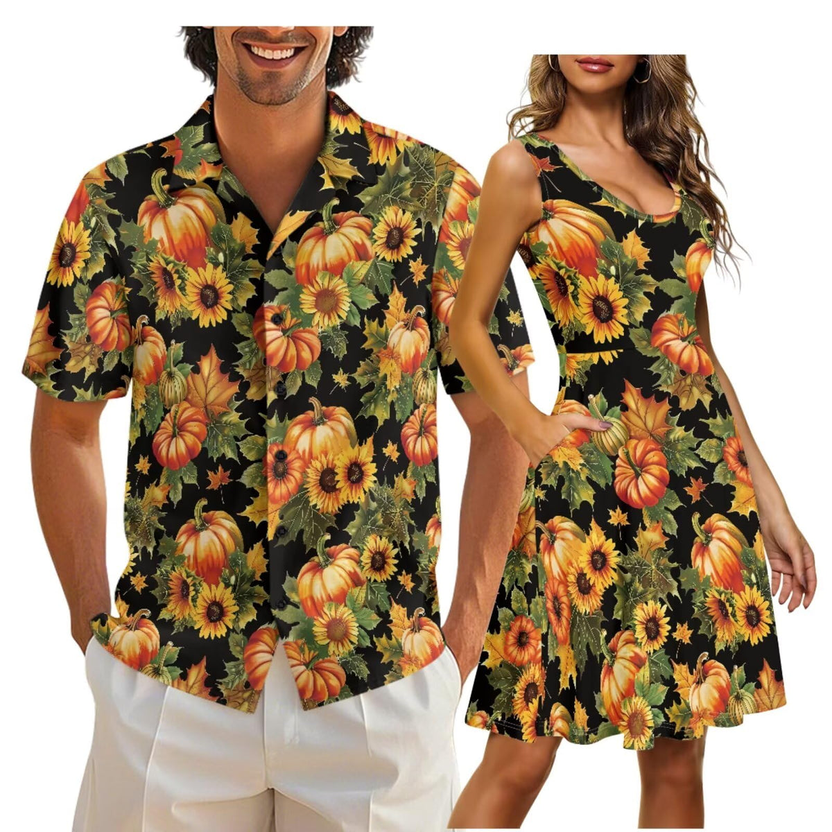 Gomyblomy Matching Hawaiian Outfits for Couples Vacation Tropical Floral Women Dress Mens Shirts His and Hers Clothing