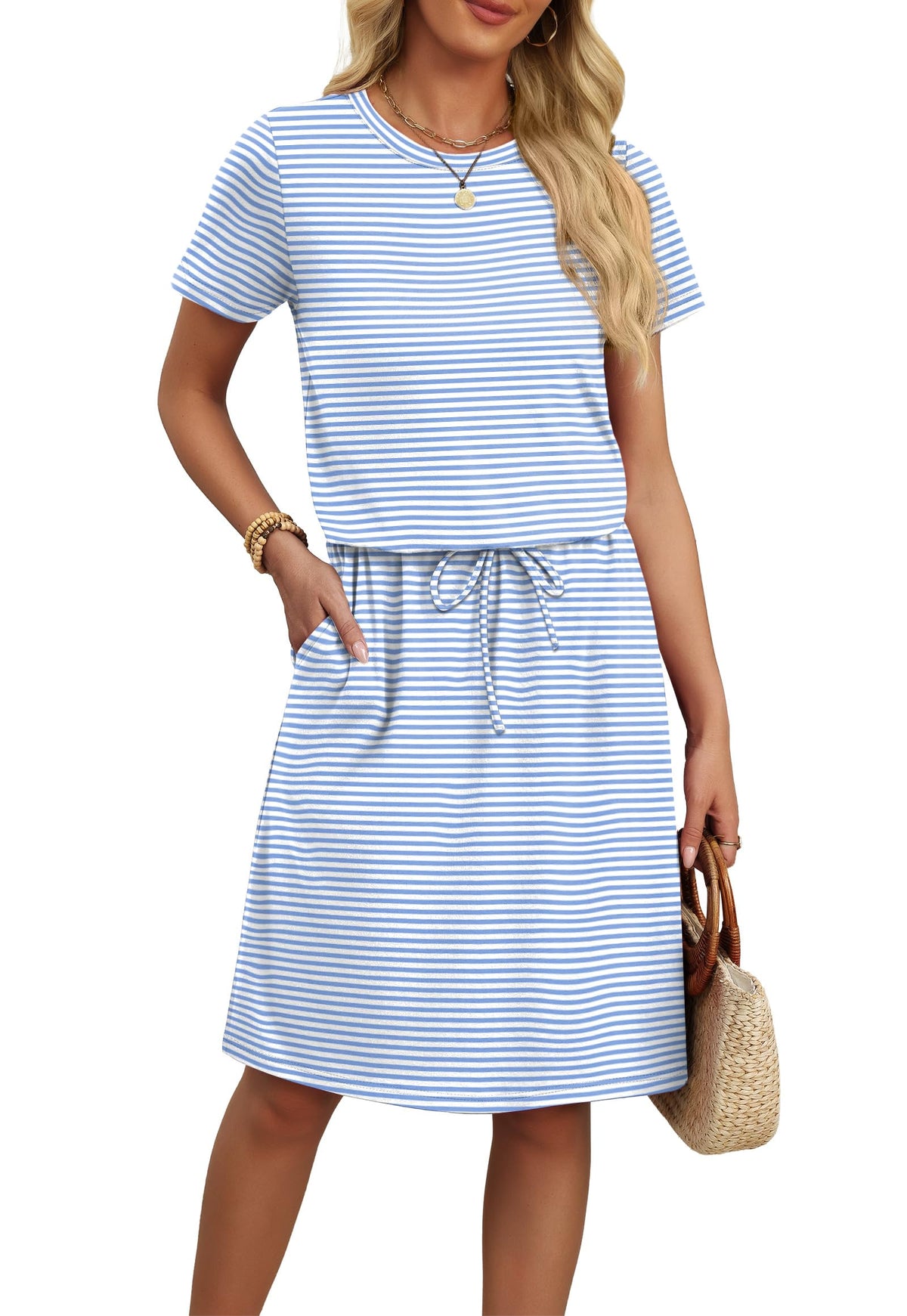 OFEEFAN Womens Summer Dresses Fashion Short Sleeve Crew Neck T Shirt Sundresses Casual Tie Waist with Pockets