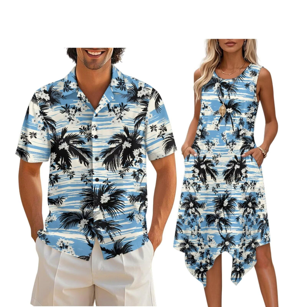 doginthehole Matching Hawaiian Outfits for Couples Men's Button Down Shirt Sleeveless Sundresses Summer Dress for Women