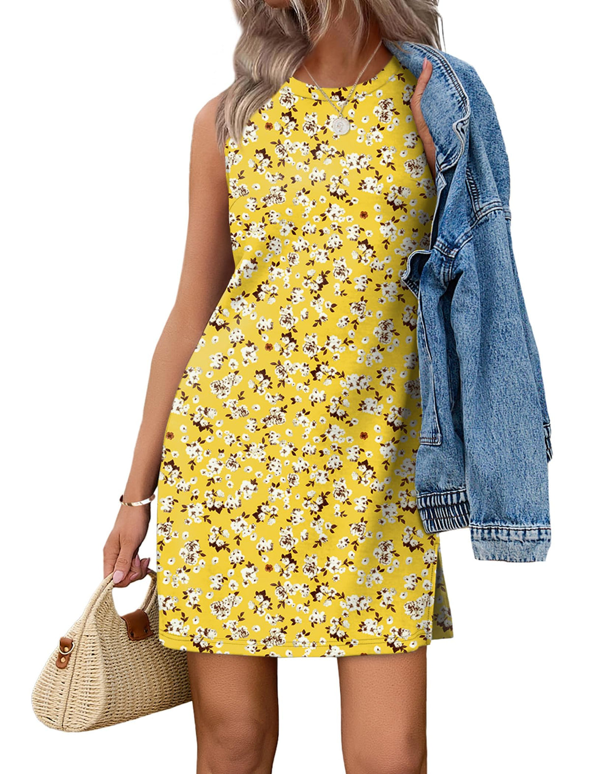 WIHOLL Casual Dresses for Women Crewneck Sleeveless Tank Dress Summer Spring Boho Vacation Clothes
