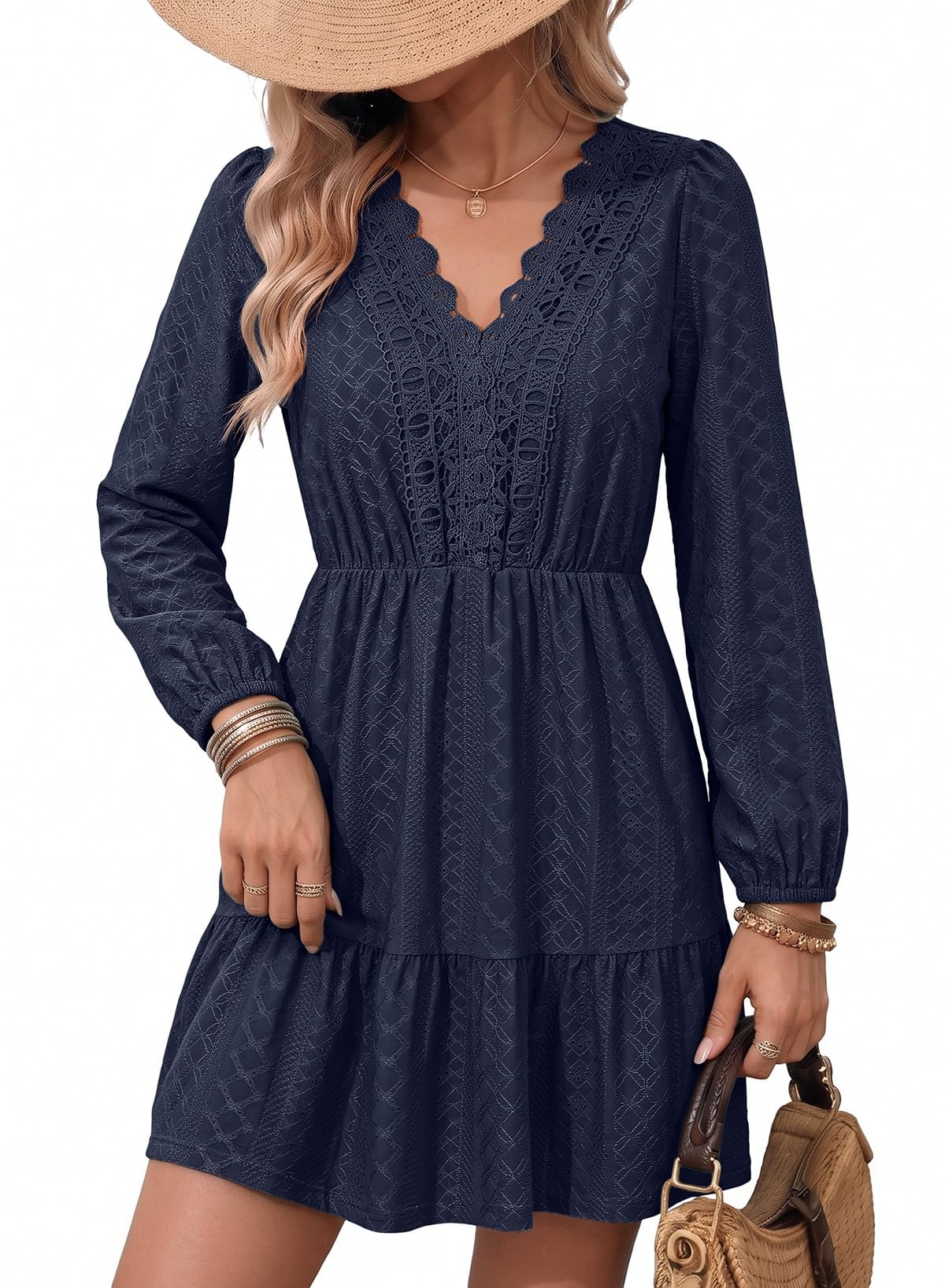 Dokotoo Womens Dresses Lace Hollow Out Embroidered V Neck Long Sleeve Dress