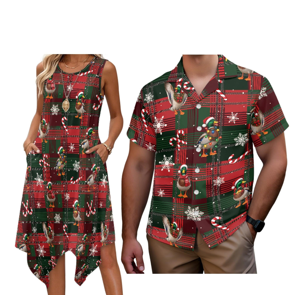 Matching Hawaiian Outfits for Couples Womens Asymmetrical Midi Dress Mens Beach Shirts Short Sleeve Button Up Shirt