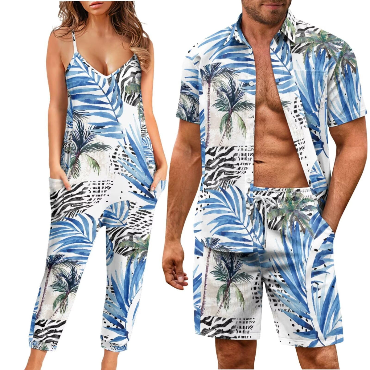 Matchable Couple Hawaiian Luau Men Shirt or Women V-Neck Jumpsuit