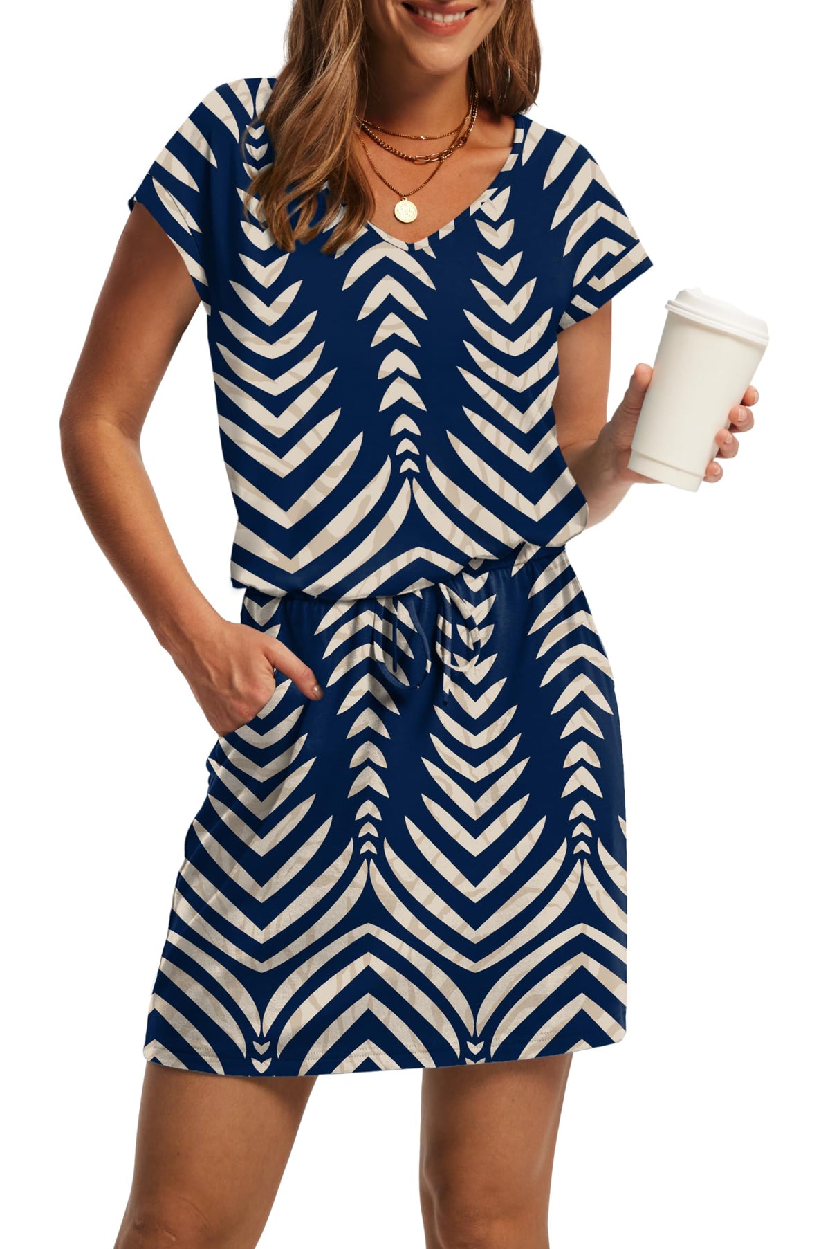OFEEFAN Summer Dresses for Women 2026 V Neck T Shirt Casual Mini Dresses Tie Waist Sundresses with Pockets