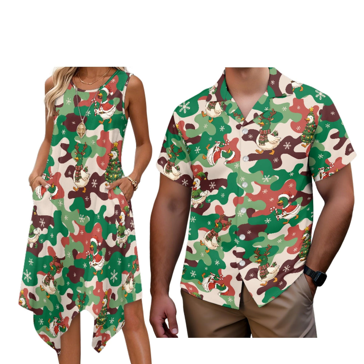 Matching Hawaiian Outfits for Couples Womens Asymmetrical Midi Dress Mens Beach Shirts Short Sleeve Button Up Shirt
