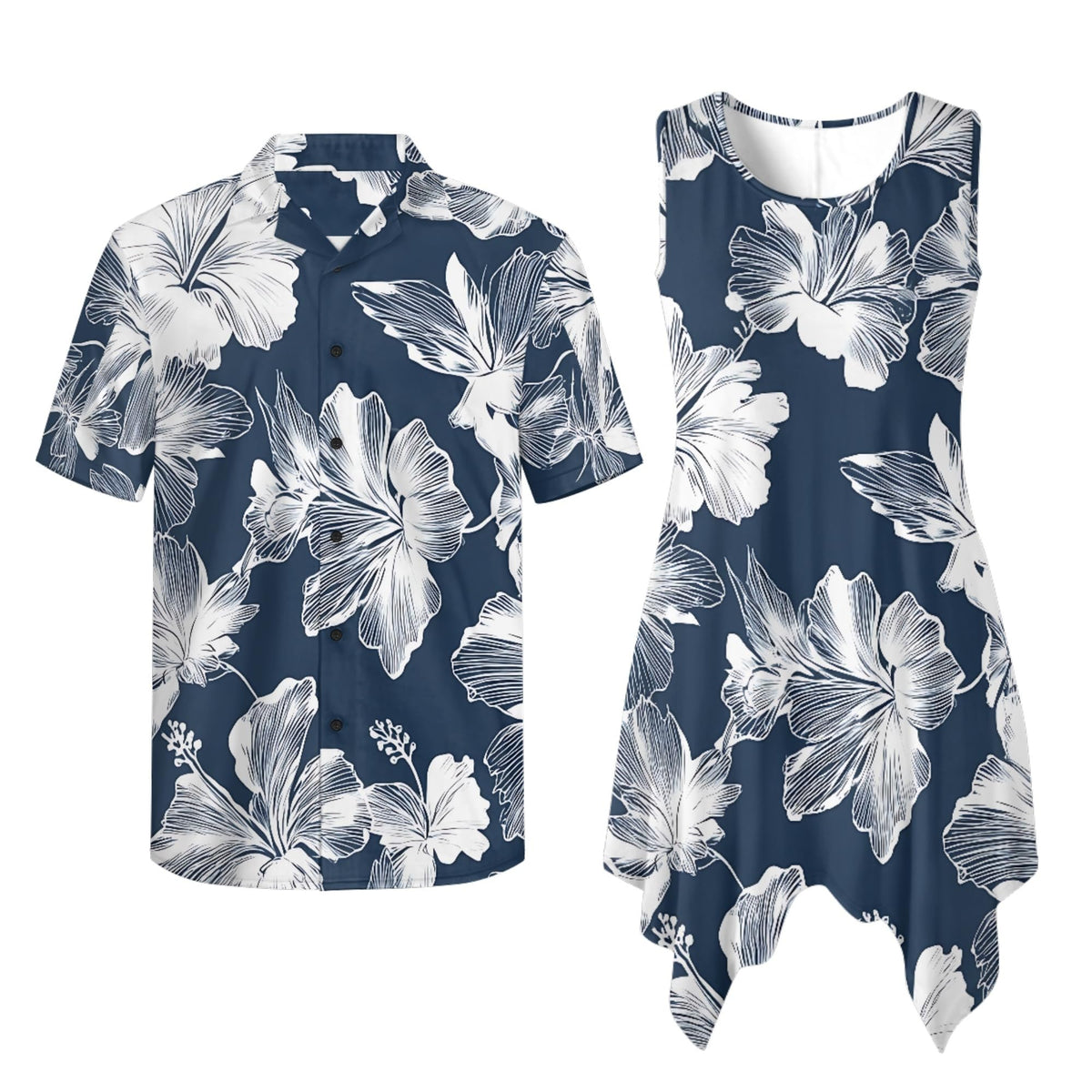 TOADDITDO Couple Shirts and Dress Matching Outfit Womens Sleeveless Flared Mini Sundress or Mens Buttons Hawaiian Aloha Shirt