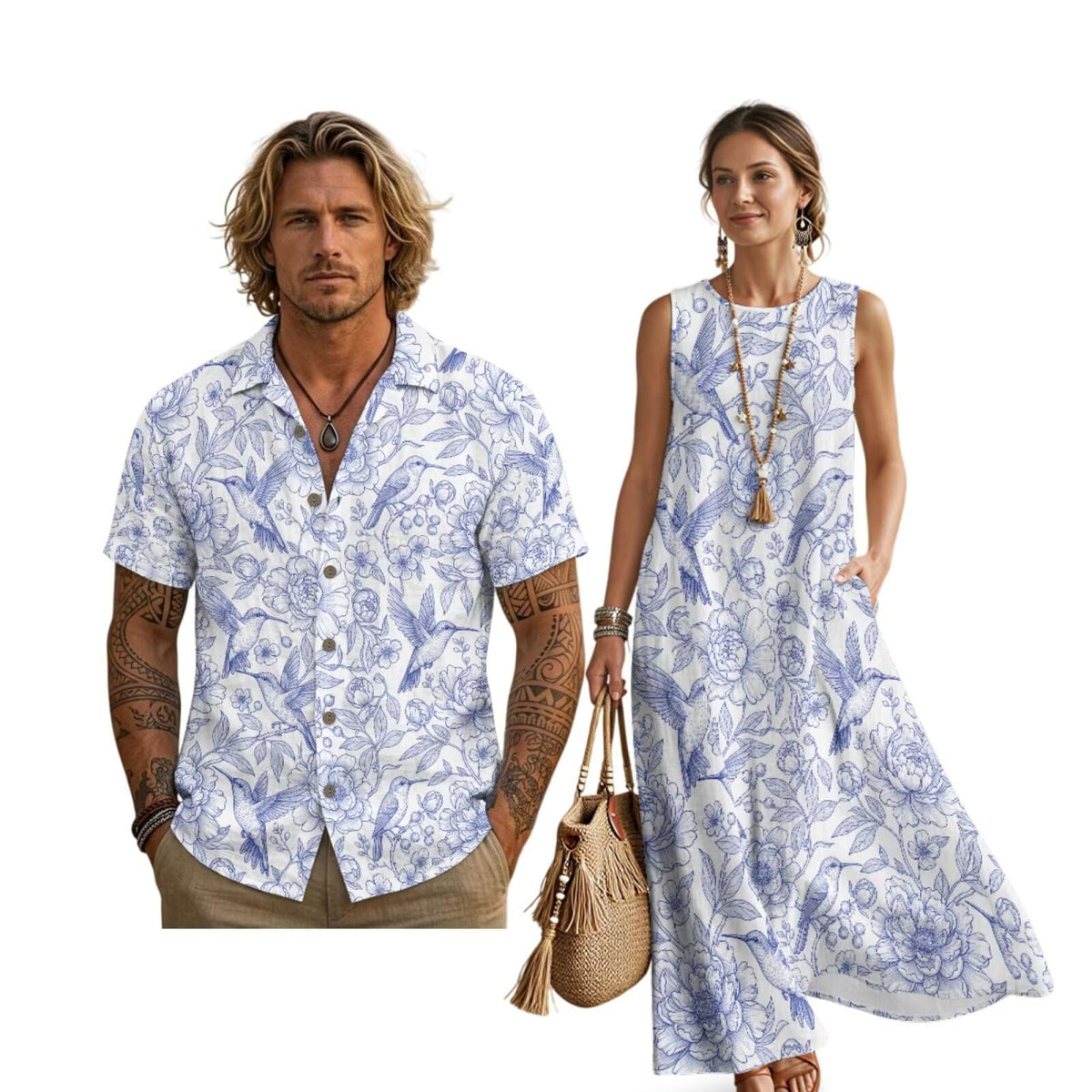 Women's Summer Dresses Sleeveless Sundresses, Men's Button Down Short Sleeve Shirts, Linen Couple Matching Outfits