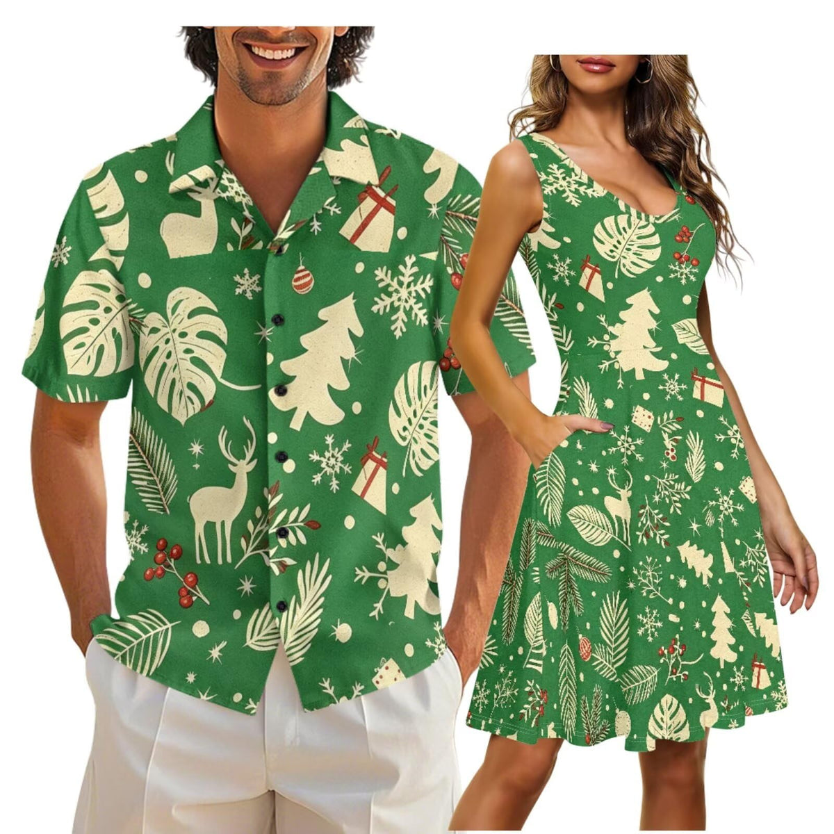 Gomyblomy Matching Hawaiian Outfits for Couples Vacation Tropical Floral Women Dress Mens Shirts His and Hers Clothing