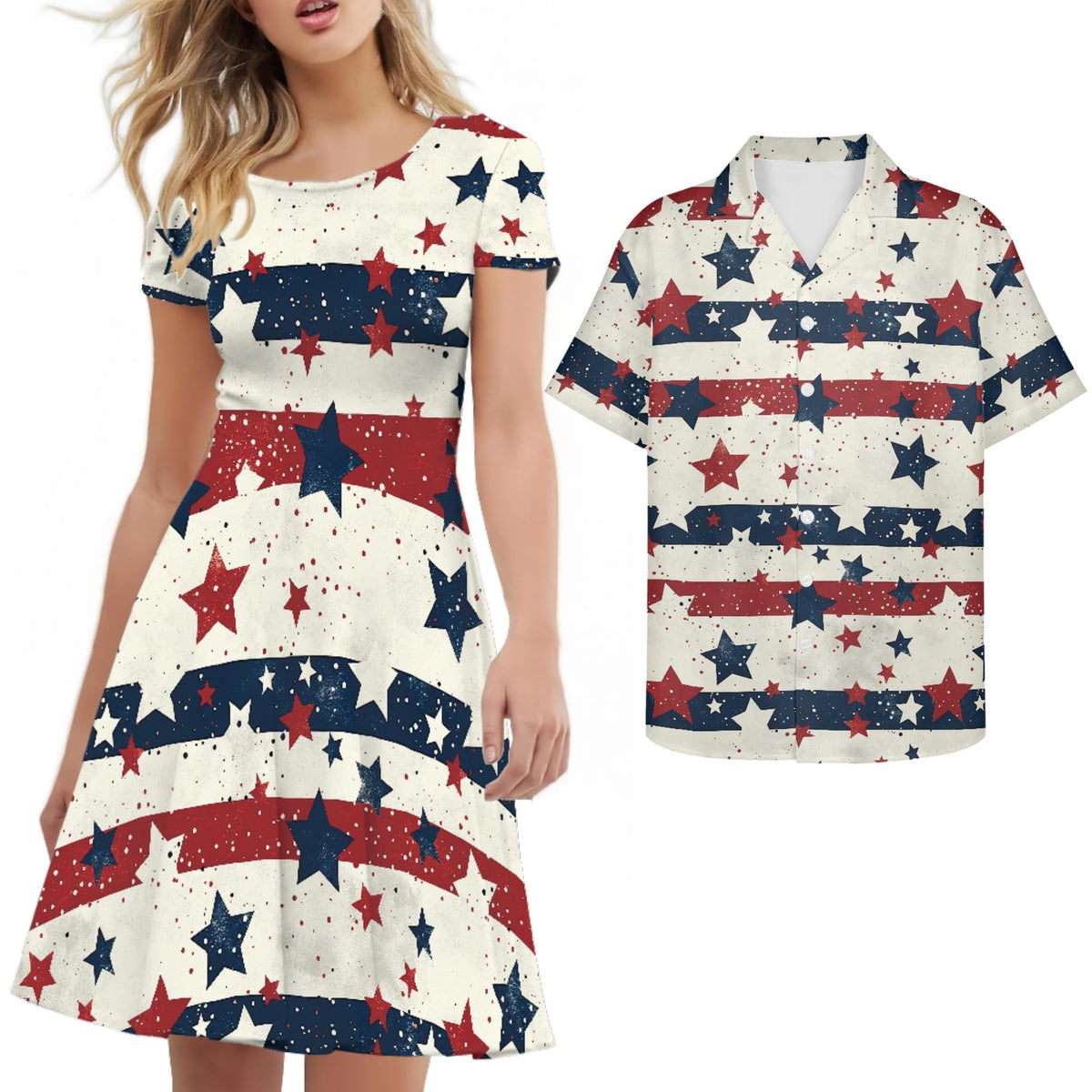 AmzPrint Couple Christmas Shirt and Dress Womens Elegant Short Sleeve Round Neck Cocktail Party Green Xmas Swing Dress