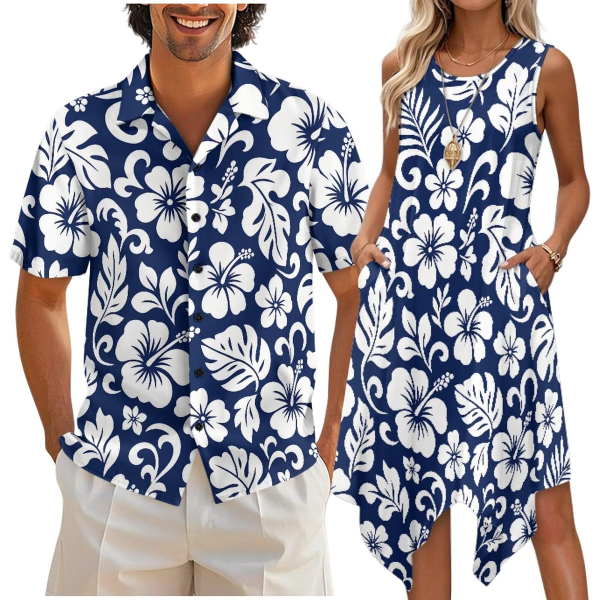 doginthehole Matching Hawaiian Outfits for Couples Men's Button Down Shirt Sleeveless Sundresses Summer Dress for Women