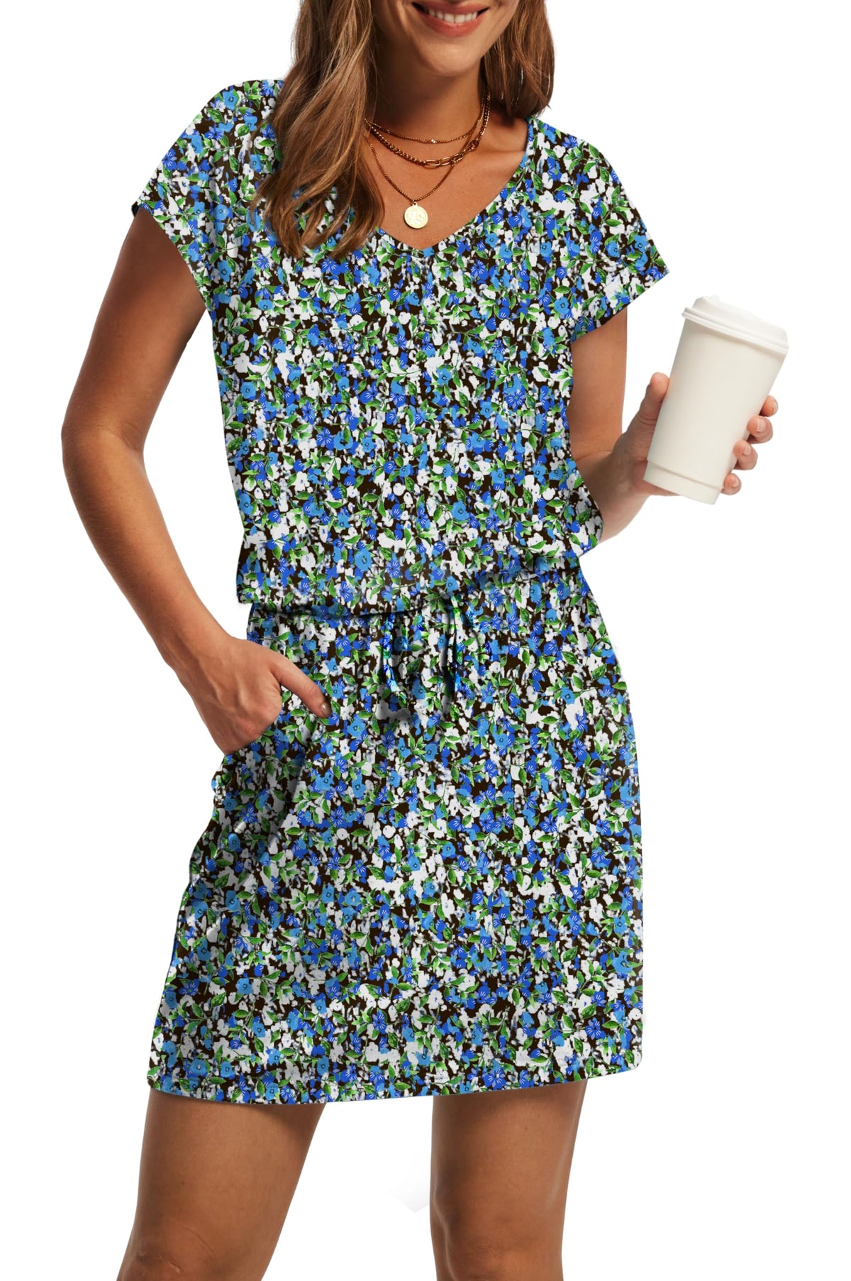 OFEEFAN Summer Dresses for Women 2026 V Neck T Shirt Casual Mini Dresses Tie Waist Sundresses with Pockets
