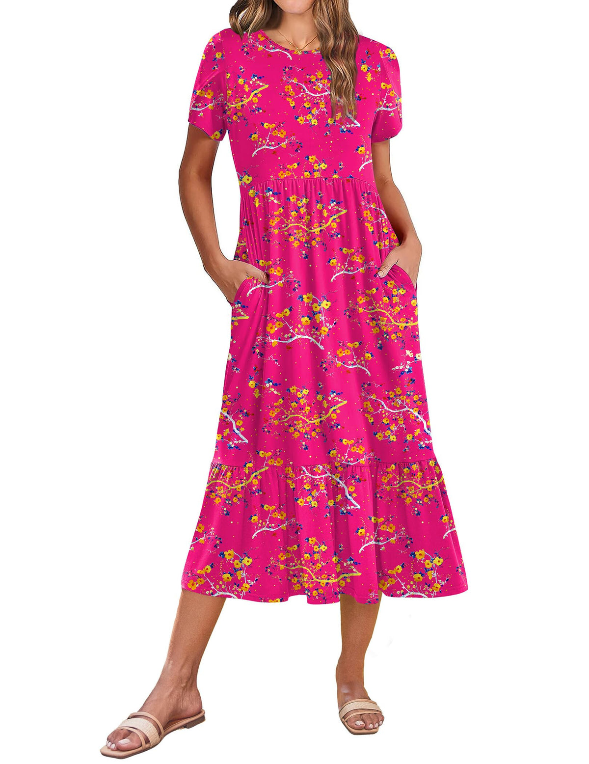 Zeagoo Women Summer Midi A Line Dress Short Sleeve Casual Flowy Tiered Beach Long Sundress with Pockets 2026 Vacation Travel