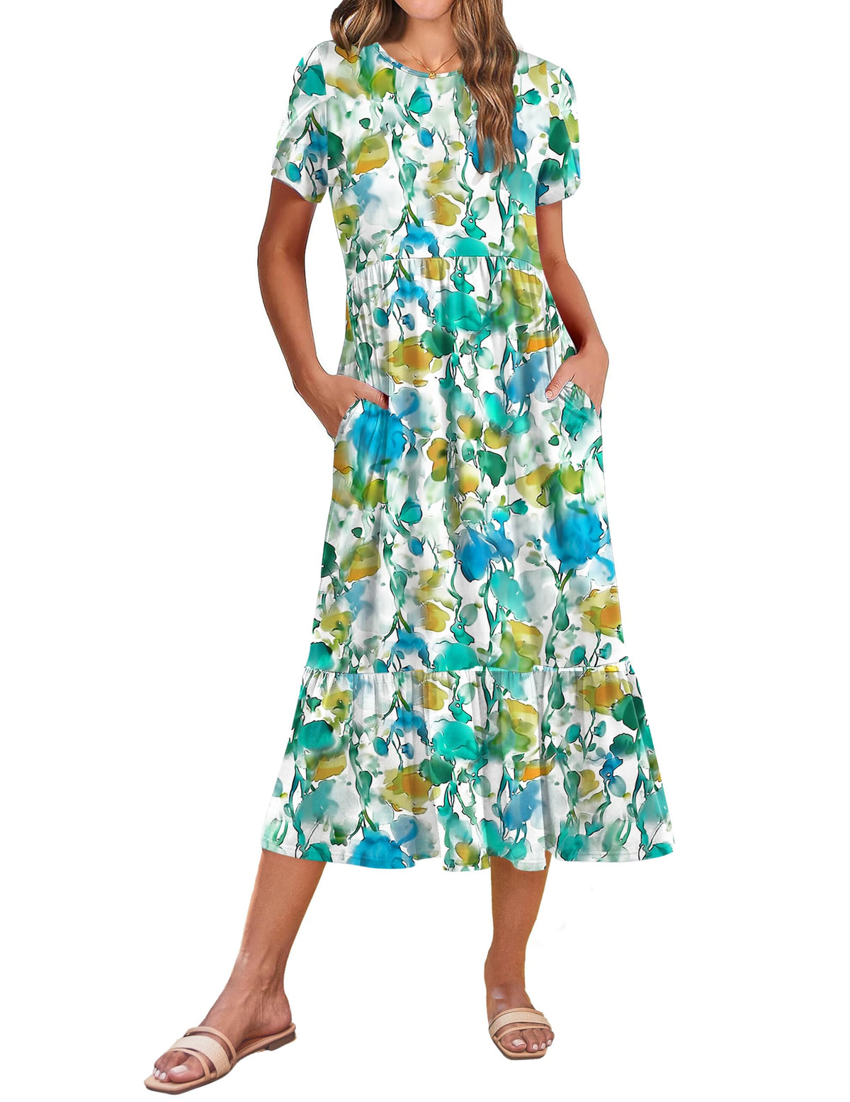 Zeagoo Women Summer Midi A Line Dress Short Sleeve Casual Flowy Tiered Beach Long Sundress with Pockets 2026 Vacation Travel