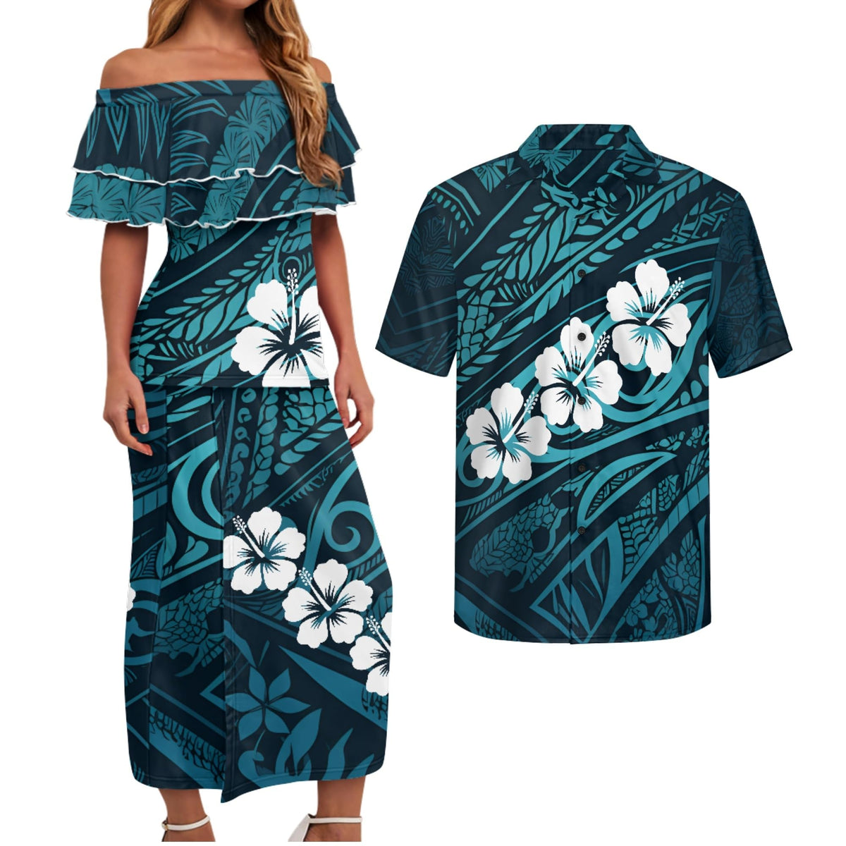 Polynesian Couples Matching Outfits Short Sleeve Puletsai Samoan Traditional Dress & Man Shirts