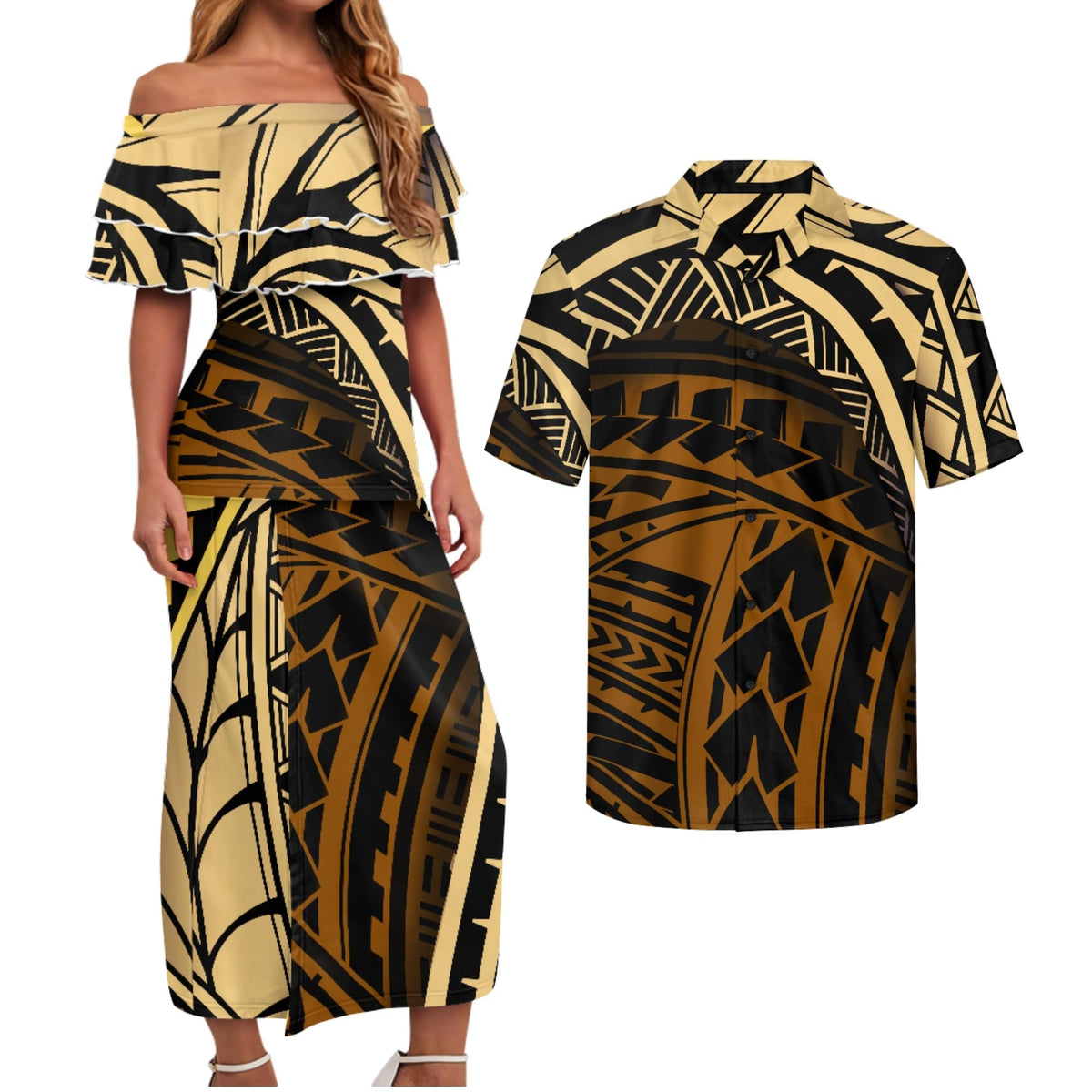Polynesian Couples Matching Outfits Short Sleeve Puletsai Samoan Traditional Dress & Man Shirts