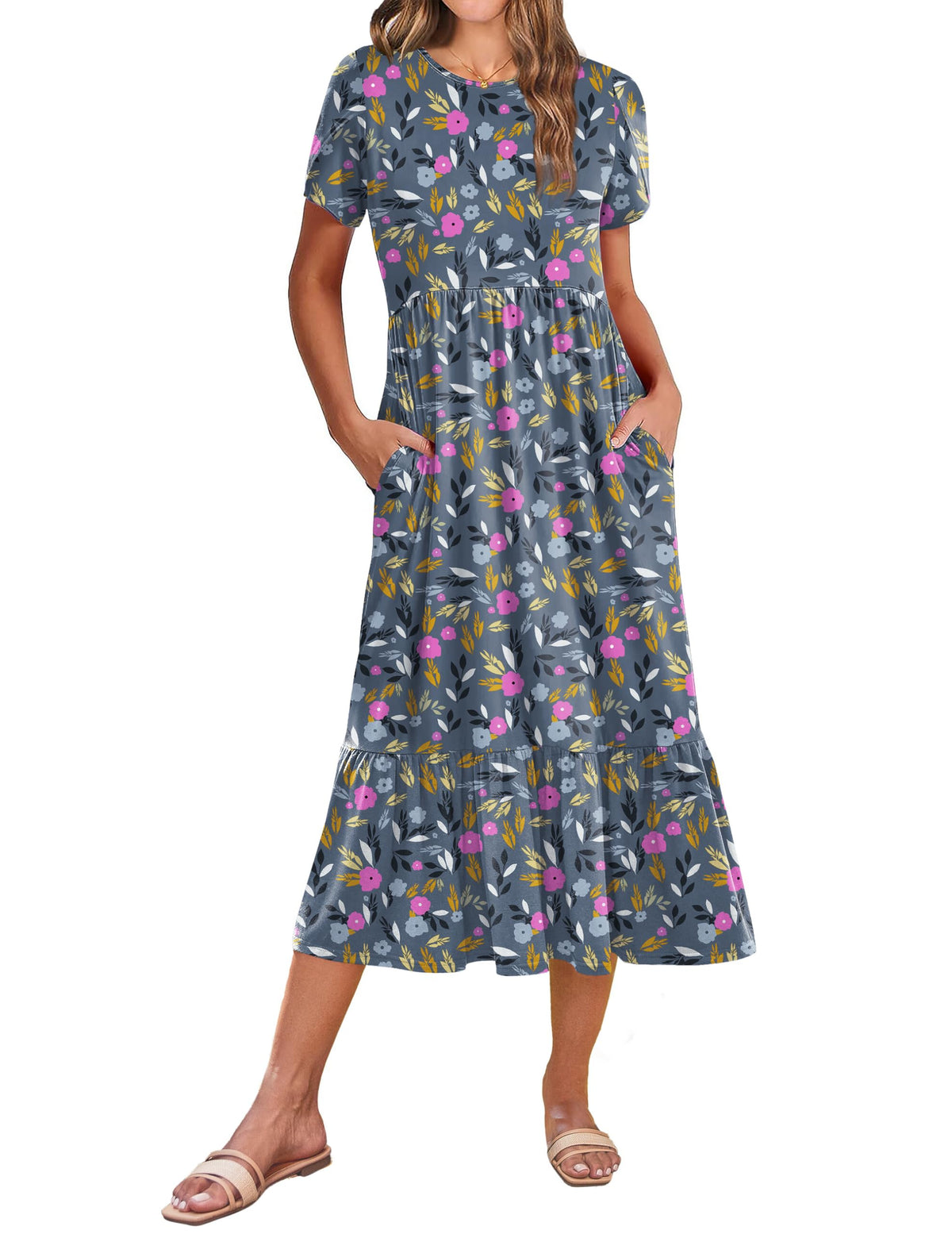 Zeagoo Women Summer Midi A Line Dress Short Sleeve Casual Flowy Tiered Beach Long Sundress with Pockets 2026 Vacation Travel