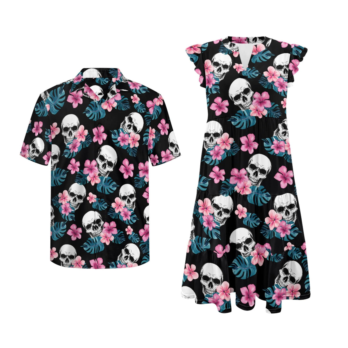 His and Hers Matching Hawaiian Outfits Mens Button Down Shirt Flowy Tiered Midi Dress