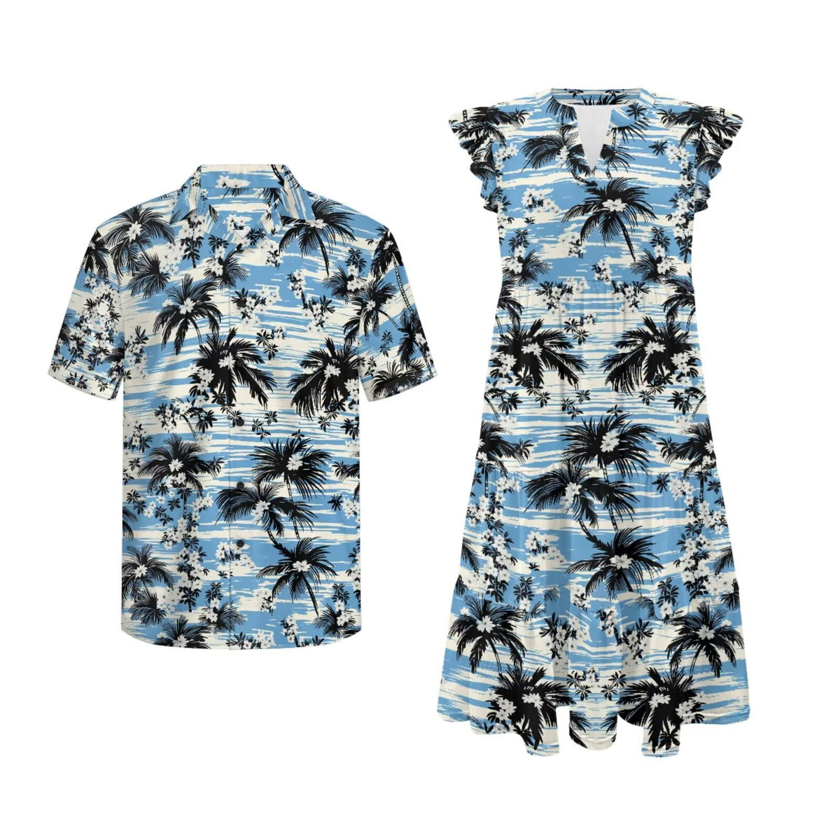 His and Hers Matching Hawaiian Outfits Mens Button Down Shirt Flowy Tiered Midi Dress