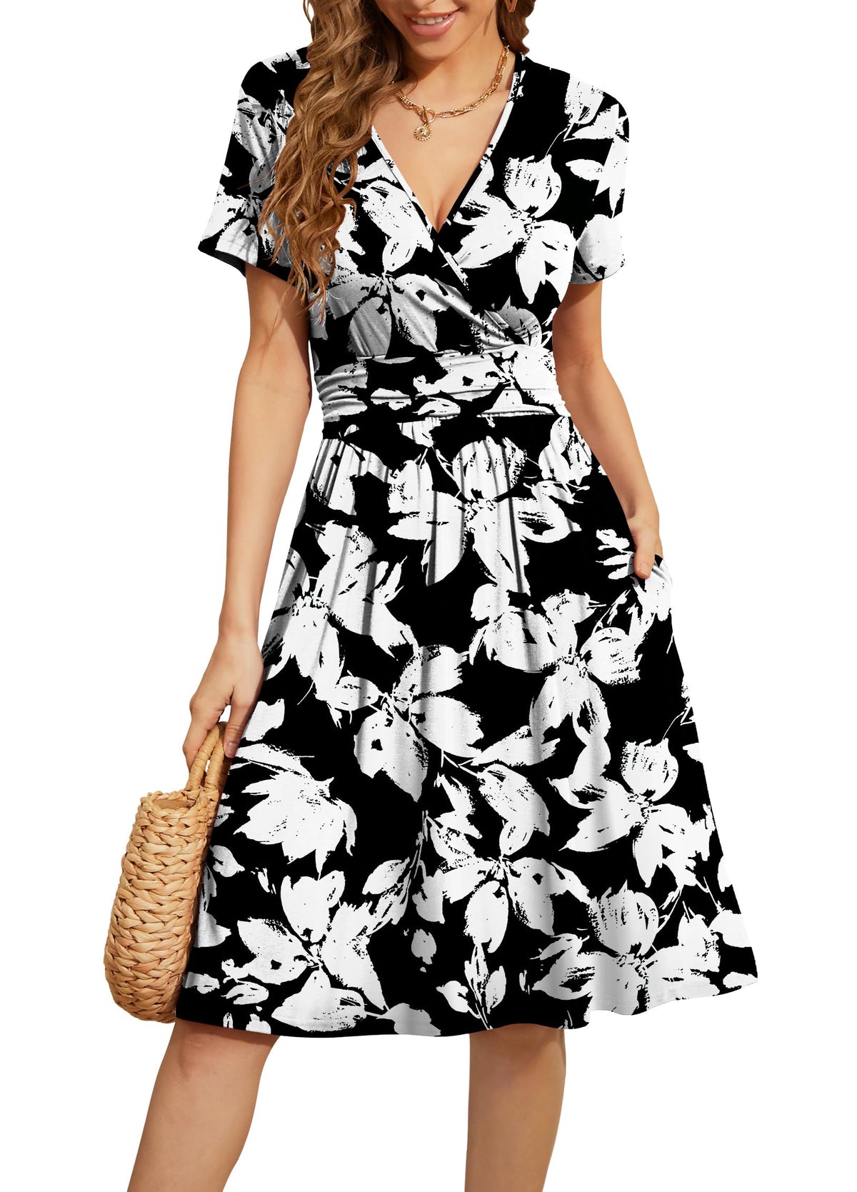 WEACZZY Women's Summer Short Sleeve Casual Dresses V-Neck Floral Party Dress with Pockets