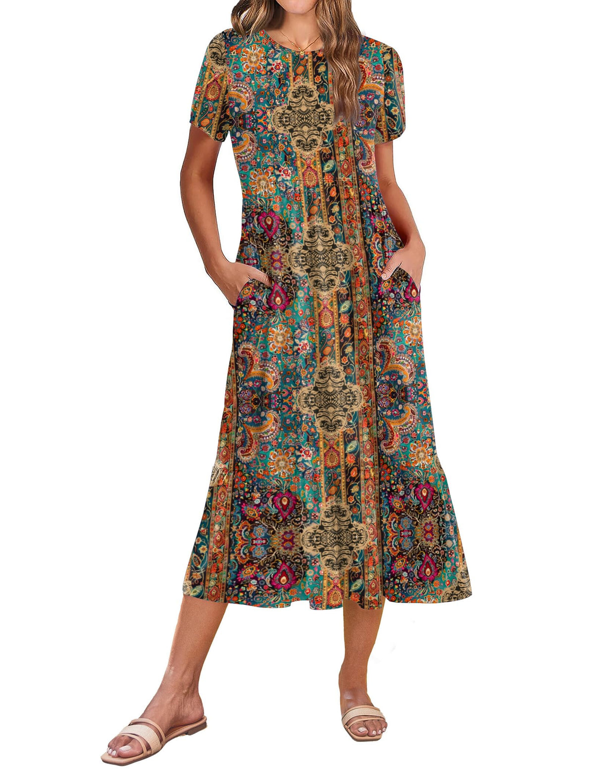 Zeagoo Women Summer Midi A Line Dress Short Sleeve Casual Flowy Tiered Beach Long Sundress with Pockets 2026 Vacation Travel