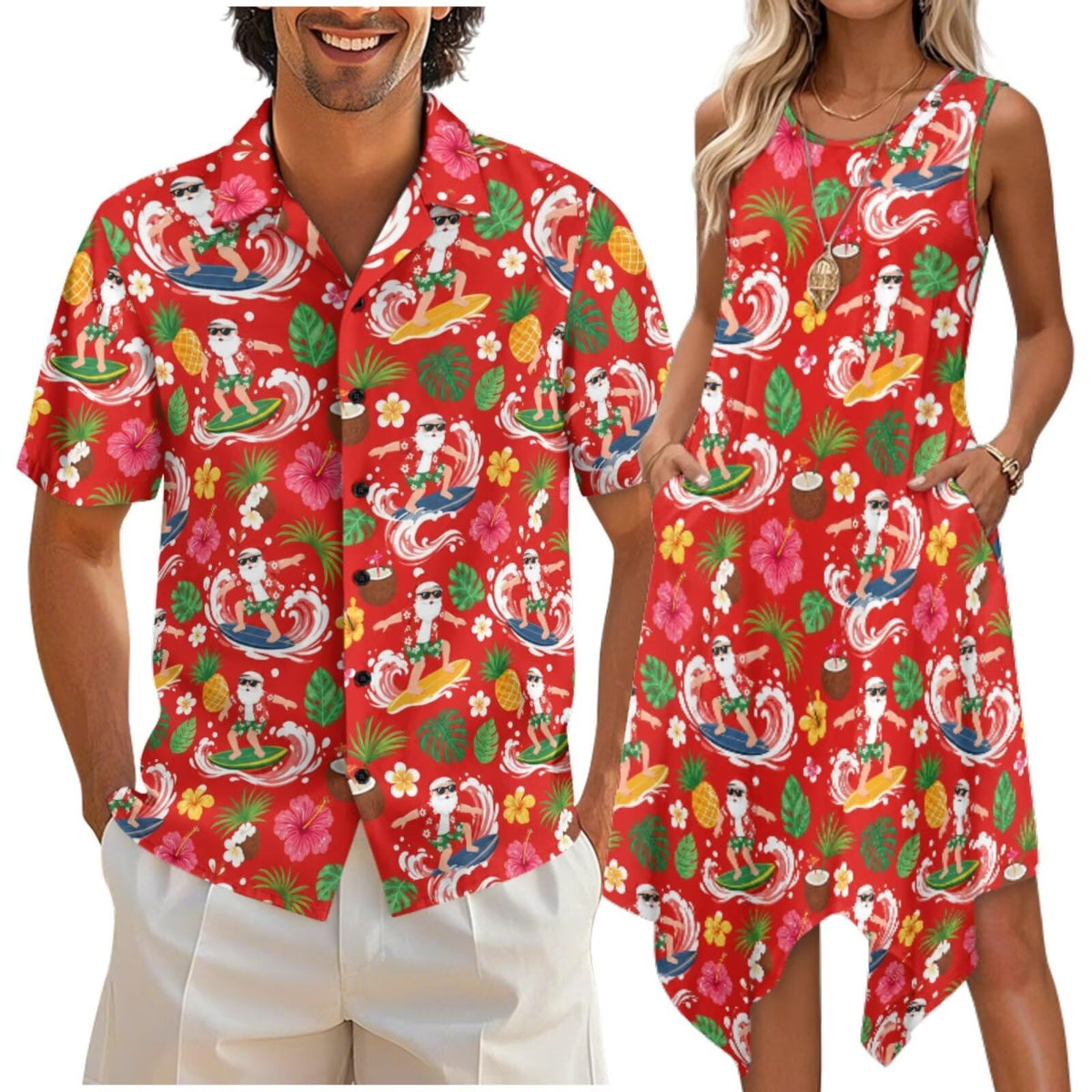 doginthehole Matching Hawaiian Outfits for Couples Men's Button Down Shirt Sleeveless Sundresses Summer Dress for Women