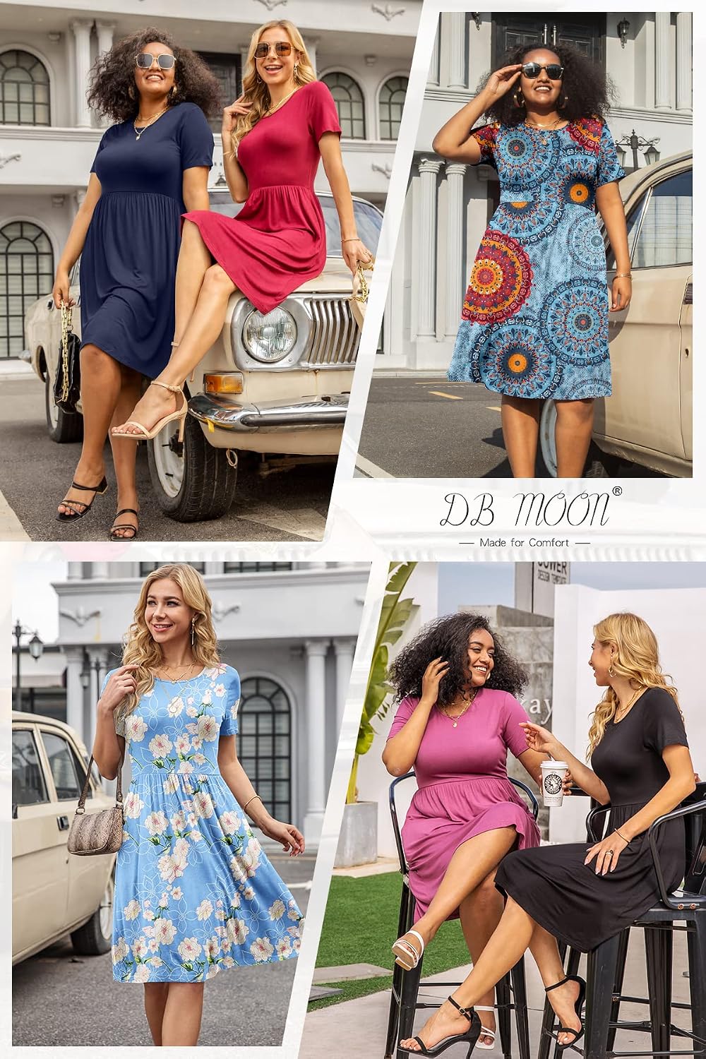 DB MOON Women Summer Casual Short Sleeve Dresses Empire Waist Dress