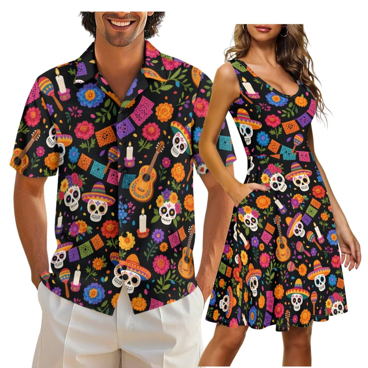 Cozeyat Matching Hawaiian Outfits for Couples Mens Button Up Polos Shirt and Women Sleeveless Sundress with Pockets